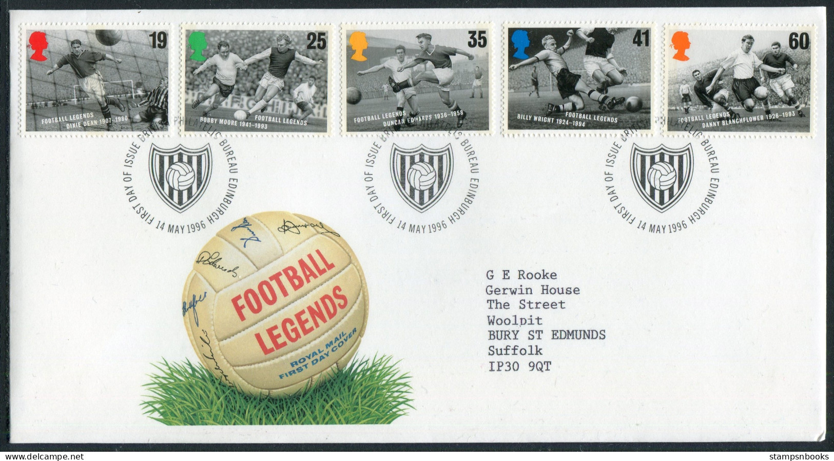 1996 GB Football Legends First Day Cover - 1991-2000 Dezimalausgaben