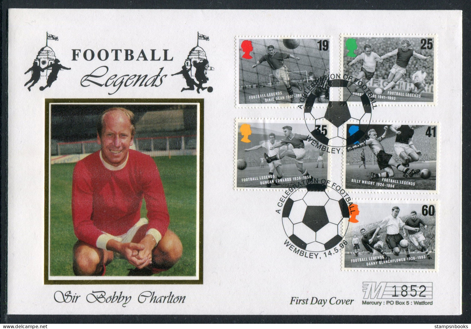 1996 GB Football Legends First Day Cover, Sir Bobby Charlton, Wembley FDC - 1991-2000 Dezimalausgaben