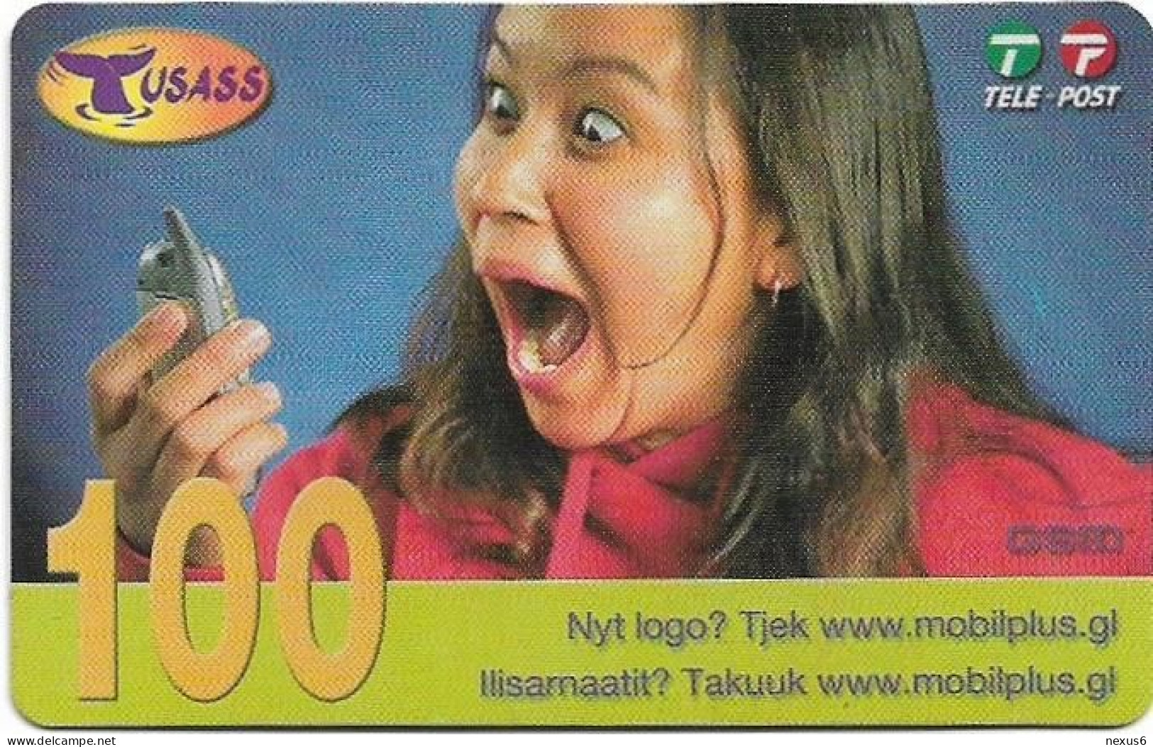 Greenland - Tusass - Girl With Mobile, GSM Refill, (Big Barcode & Big SN.), 100kr. Exp. 08.12.2007, Used - Grönland