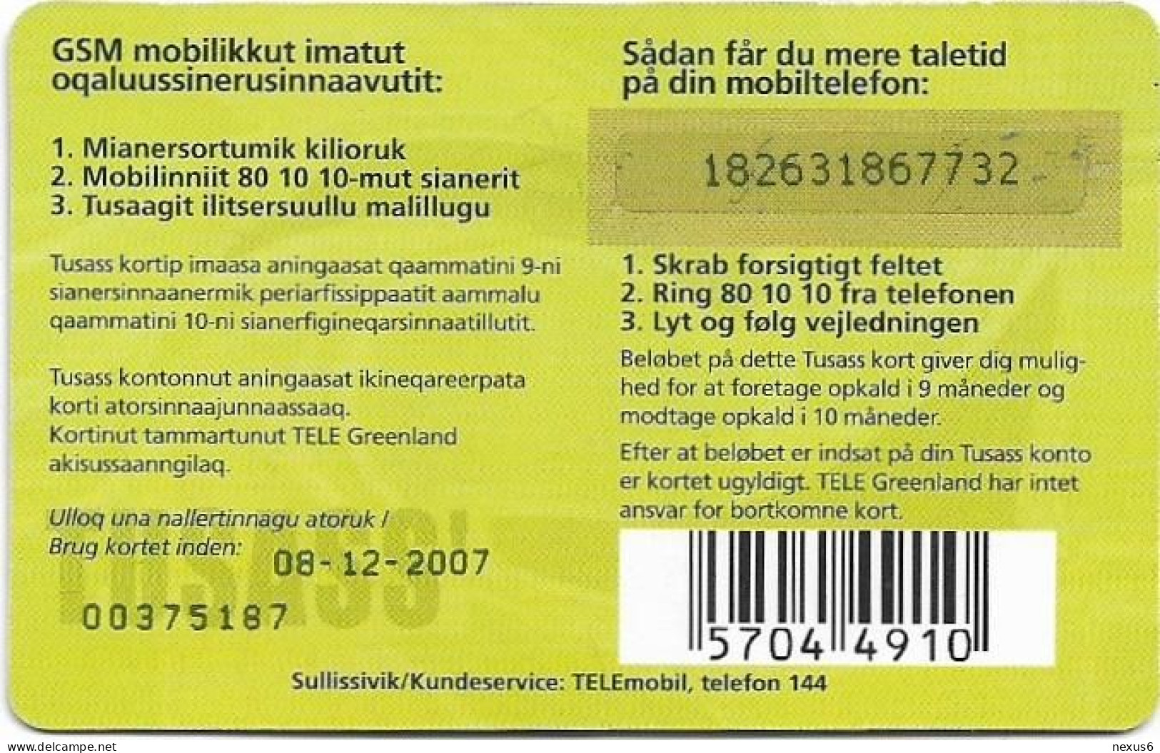 Greenland - Tusass - Girl With Mobile, GSM Refill, (Big Barcode & Big SN.), 100kr. Exp. 08.12.2007, Used - Groenland