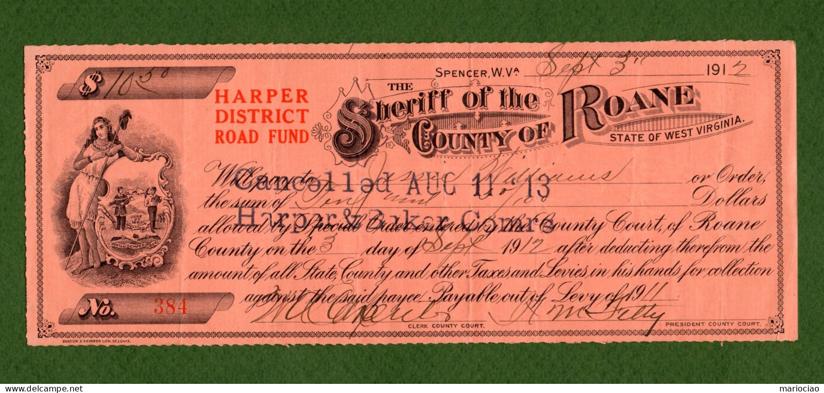 USA Check Sheriff Of The COUNTY OF ROANE Spencer, WV 1912 - VERY RARE !  N.384 - Autres & Non Classés