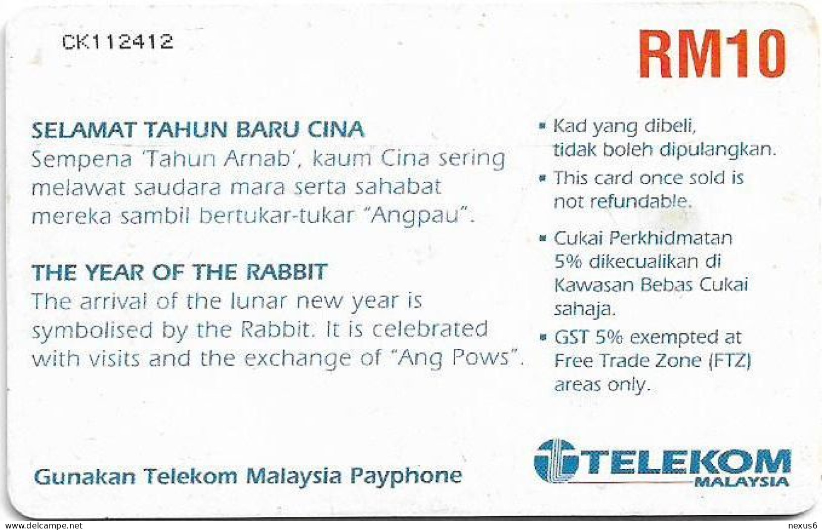 Malaysia - Telekom Malaysia (chip) - The Year Of The Rabbit, Gem5 Black, 10RM, Used - Malasia