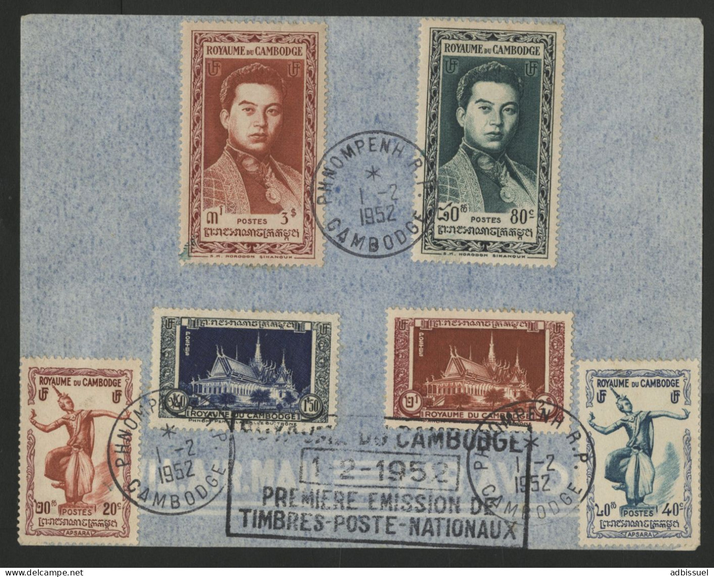 CAMBODGE CAMBODIA Enveloppe Premier Jour FDC Avec N° 2 + 4 + 6 + 10 + 13 + 14 De 1952 (première émission) - Kambodscha