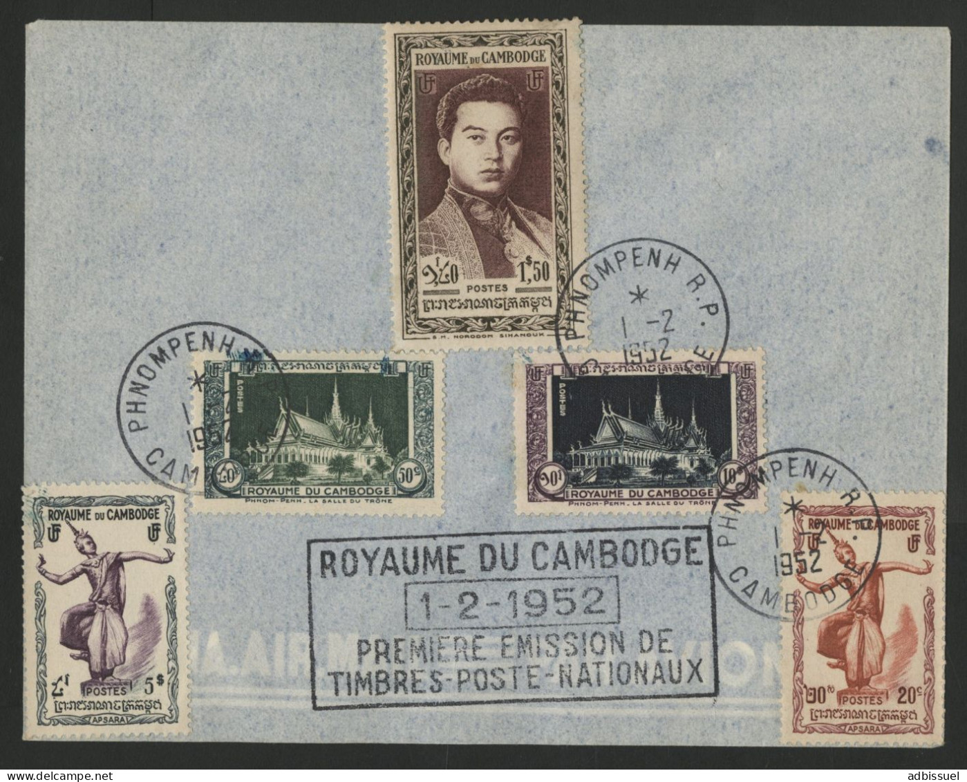 CAMBODGE CAMBODIA Enveloppe Premier Jour FDC Avec N° 2 + 5 + 11 + 15 + 16 De 1952 (première émission) - Cambodia