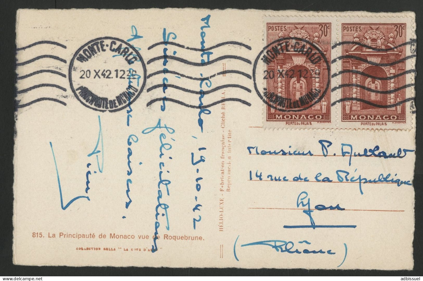 N° 171A (x2) Obl MONTE-CARLO Sur CP Pour Lyon Durant La Seconde Guerre Mondiale. TB - Covers & Documents