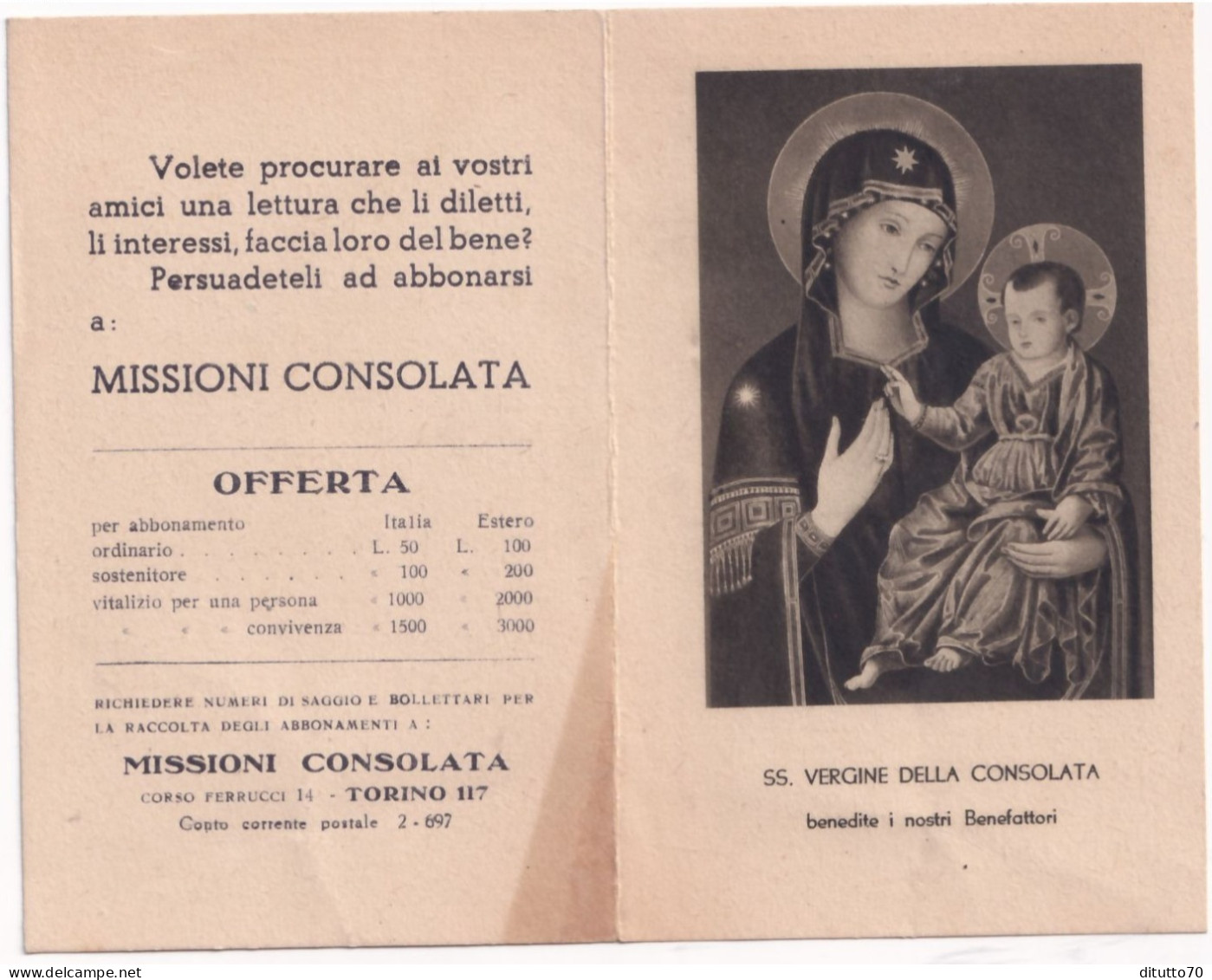 Calendarietto - Missioni Consolata - Ss.vergine Della Consolata - Torino - Anno 1947 - Petit Format : 1941-60