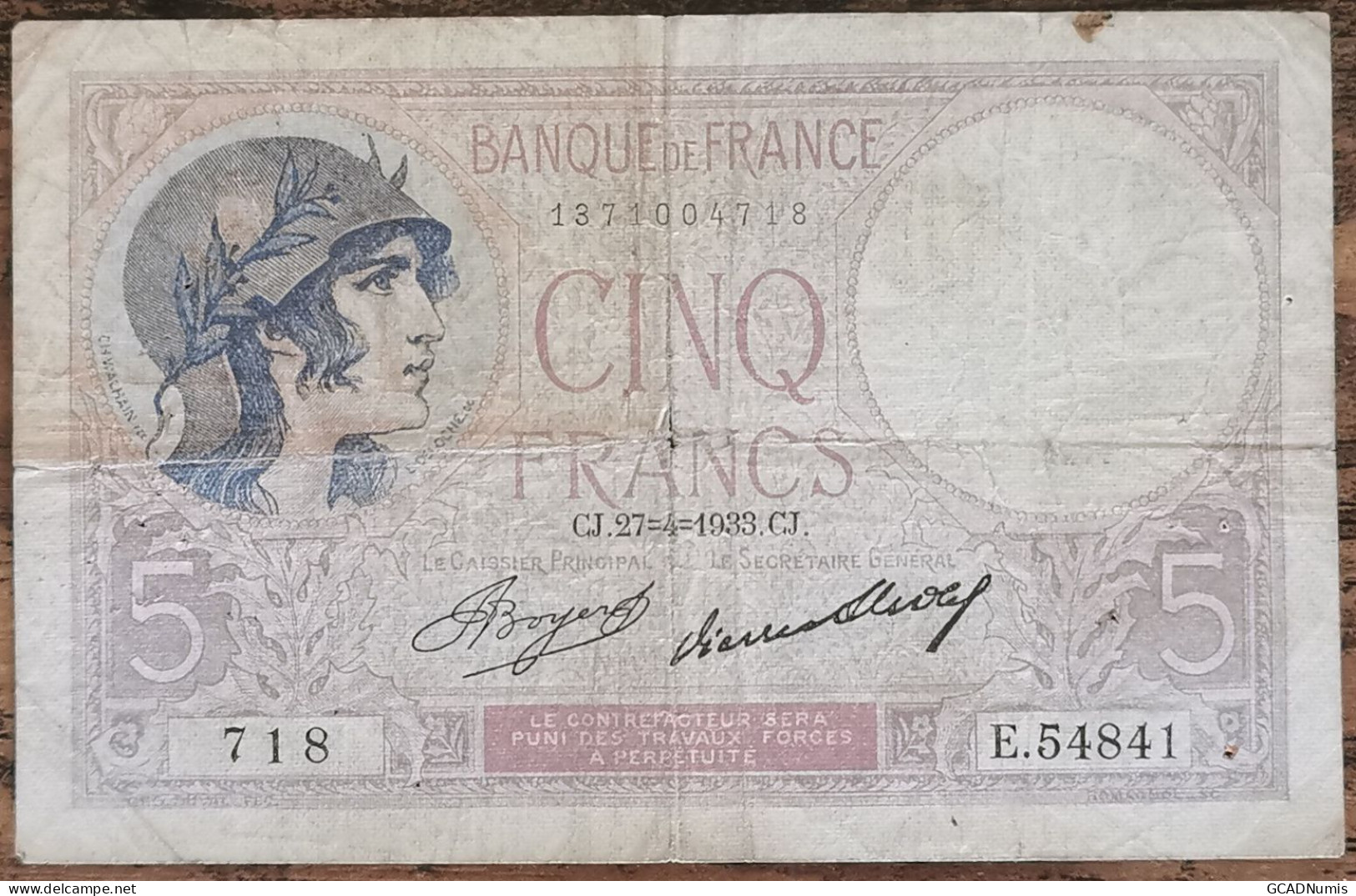 Billet 5 Francs VIOLET 27 - 4 - 1933 FRANCE E.54841 - 5 F 1917-1940 ''Violet''