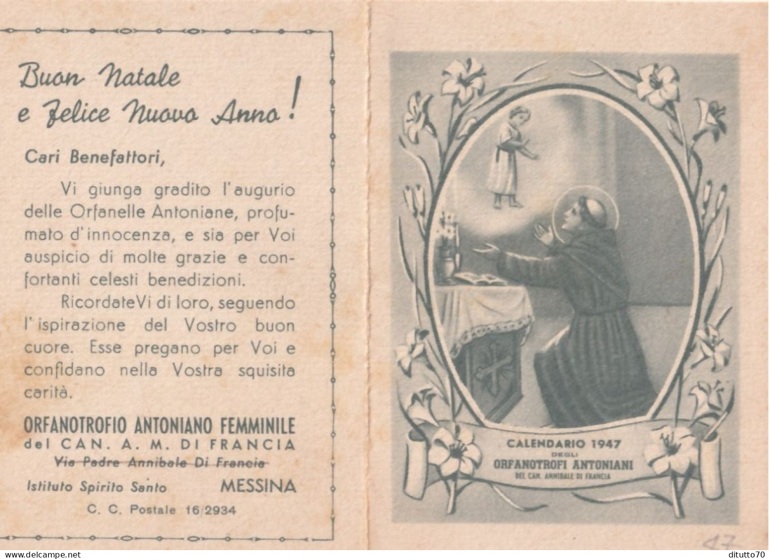 Calendarietto - Orfanotrofio Antoniano Femminile - Canonico A.m. Di Francia - Istituto Spirito Santo - Messina - Anno 19 - Small : 1941-60