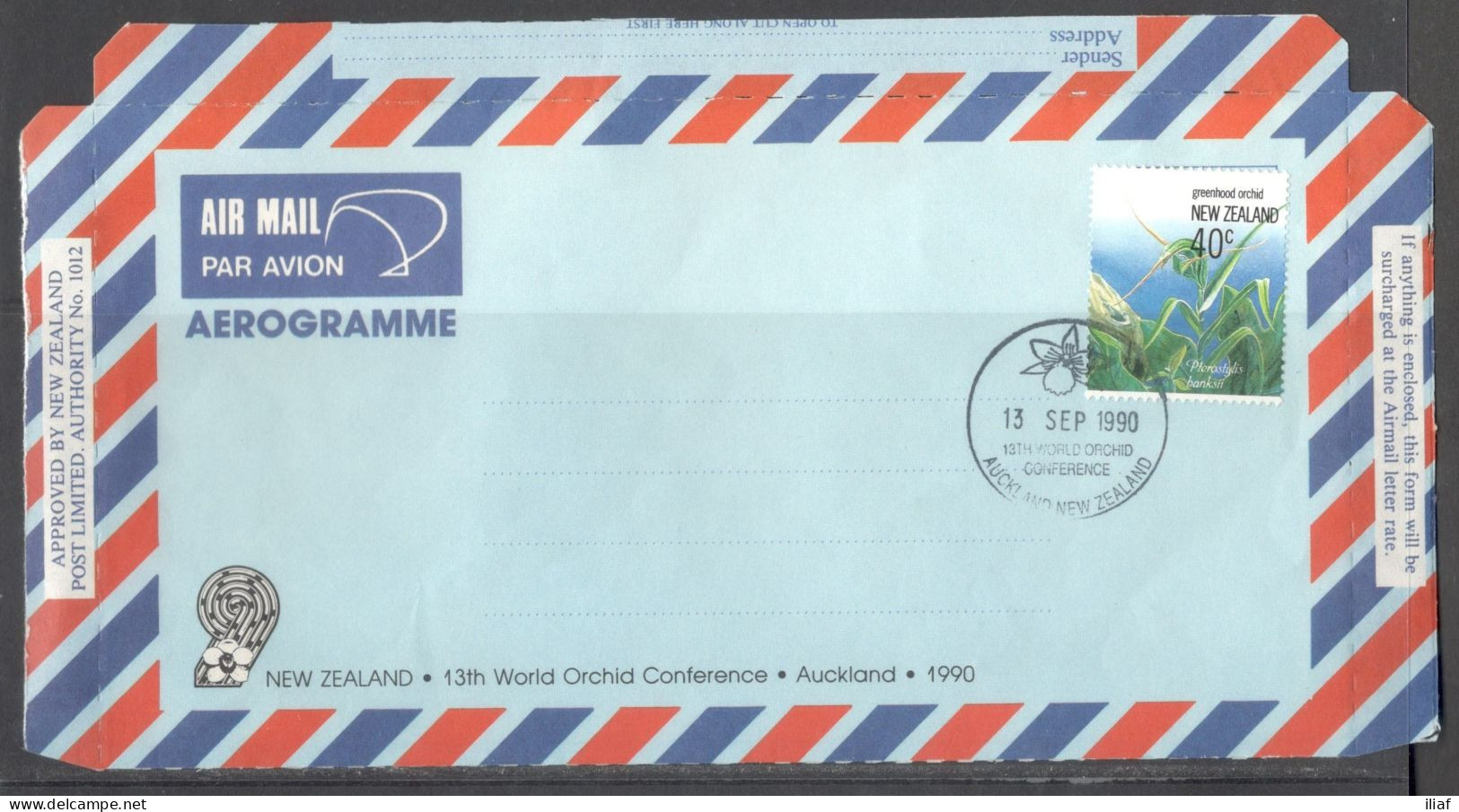 New Zealand. Aerogramme.  13th World Orchid Conference, Auckland, 1990.  Special Cancellation On Airmail Aerogramme. - Poste Aérienne