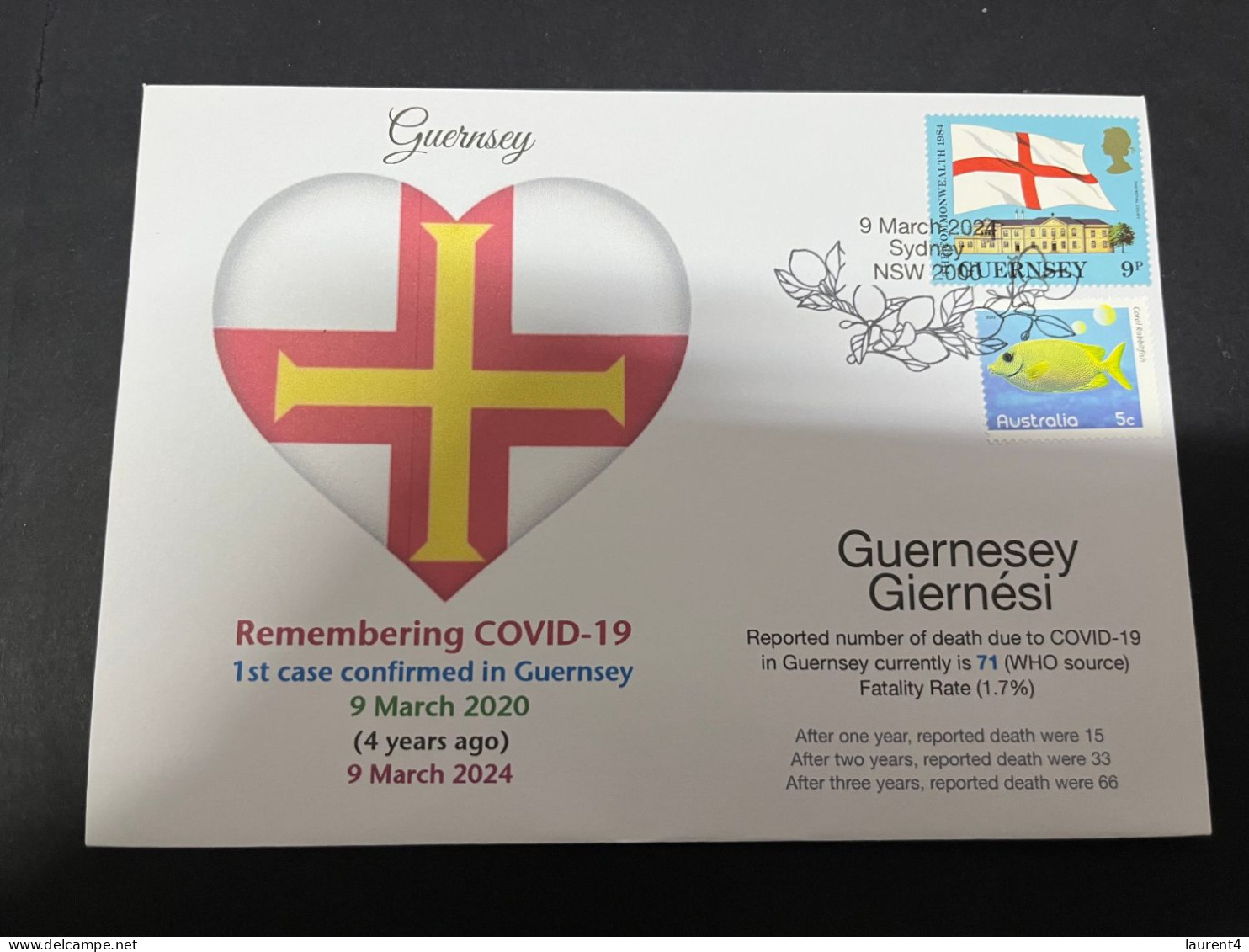 9-3-2024 (2 Y 33) COVID-19 4th Anniversary - Guernsey - 9 March 2024 (with Guernsey Flag Stamp) - Malattie