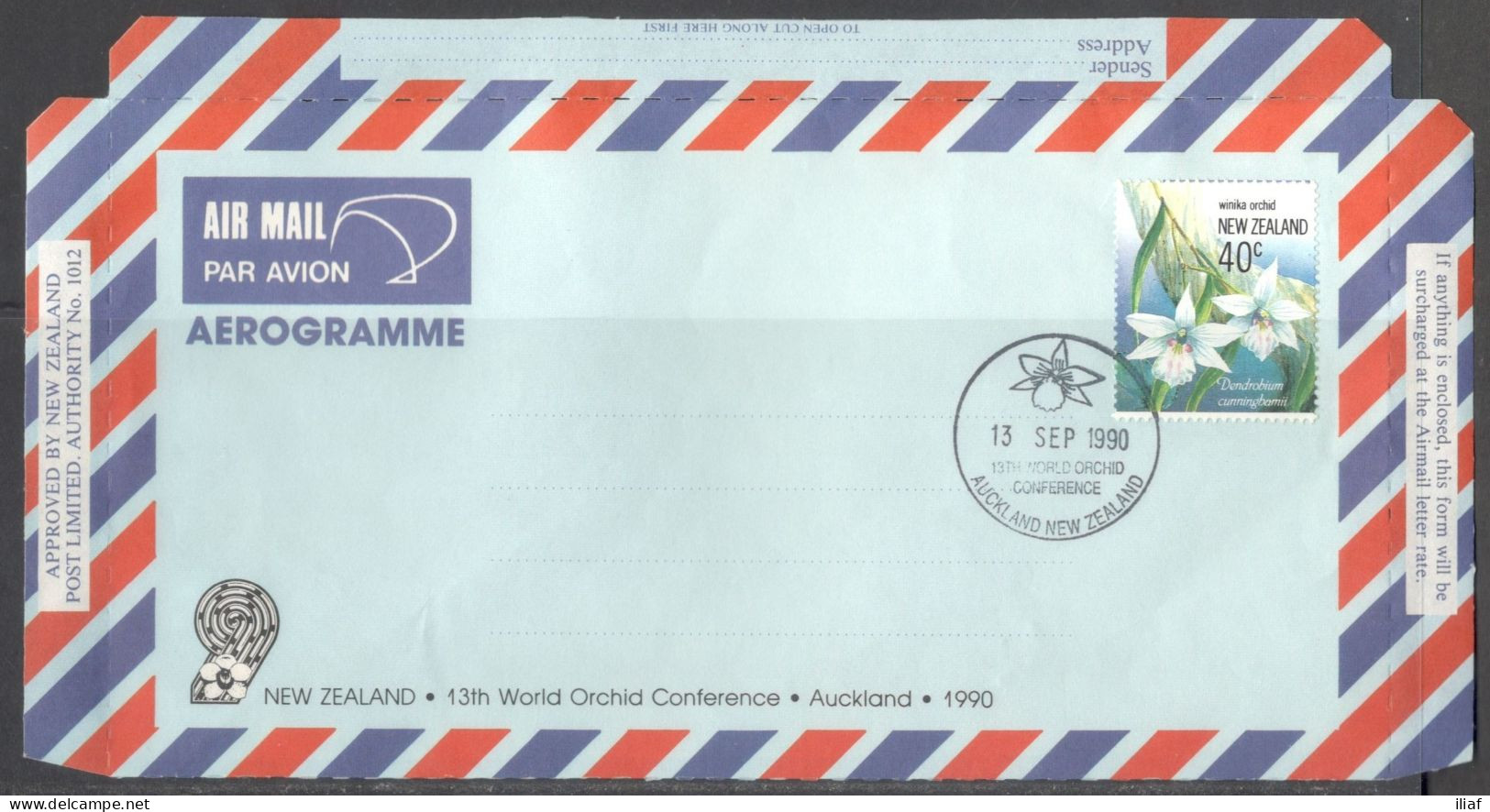 New Zealand. Aerogramme.  13th World Orchid Conference, Auckland, 1990.  Special Cancellation On Airmail Aerogramme. - Luchtpost