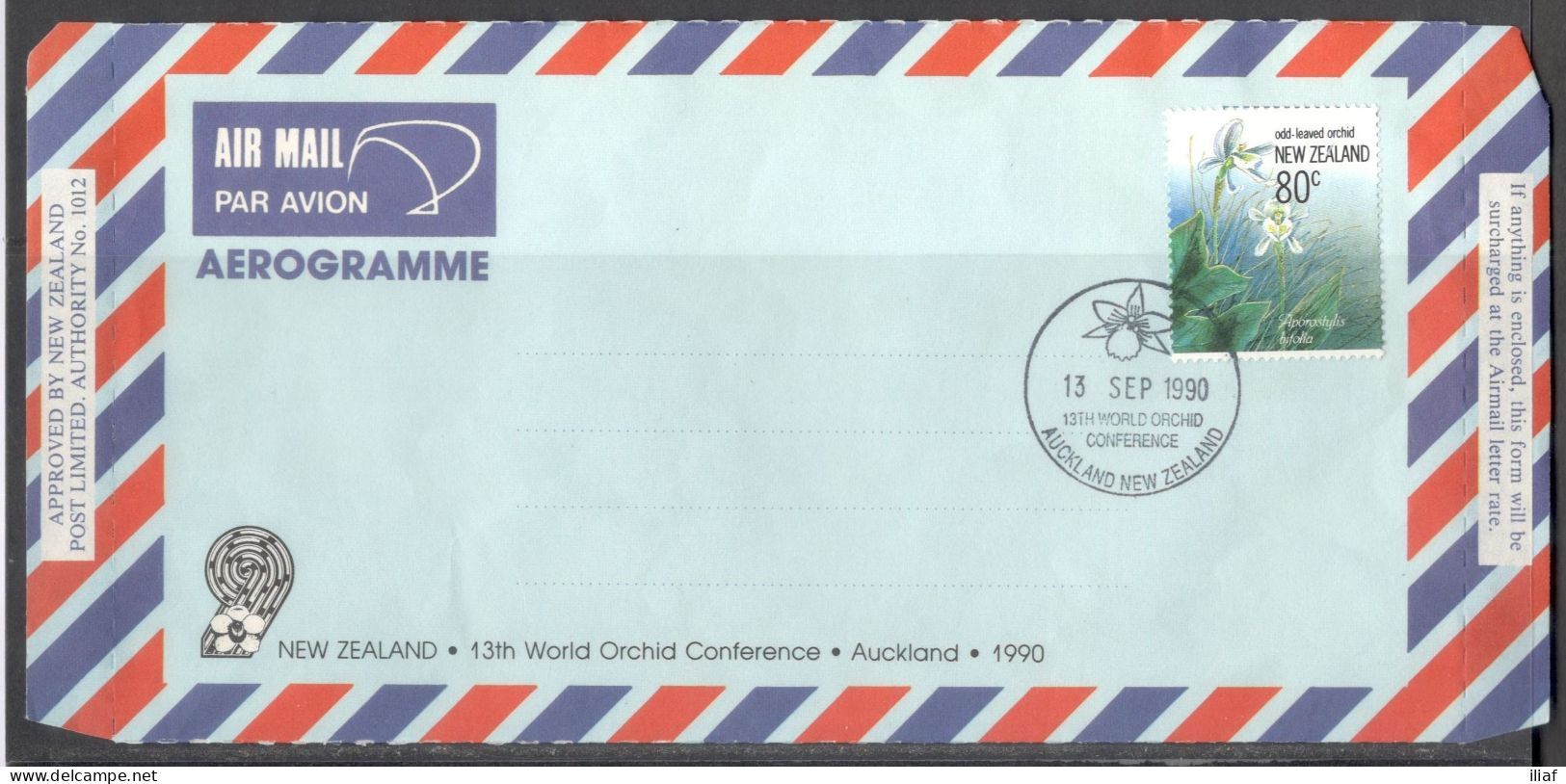 New Zealand. Aerogramme.  13th World Orchid Conference, Auckland, 1990.  Special Cancellation On Airmail Aerogramme. - Luchtpost