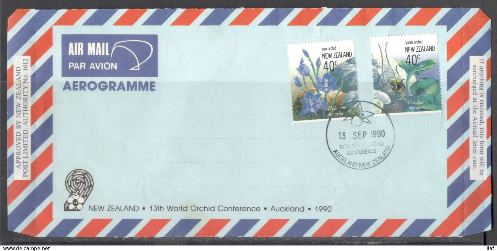 New Zealand. Aerogramme.  13th World Orchid Conference, Auckland, 1990.  Special Cancellation On Airmail Aerogramme. - Luchtpost