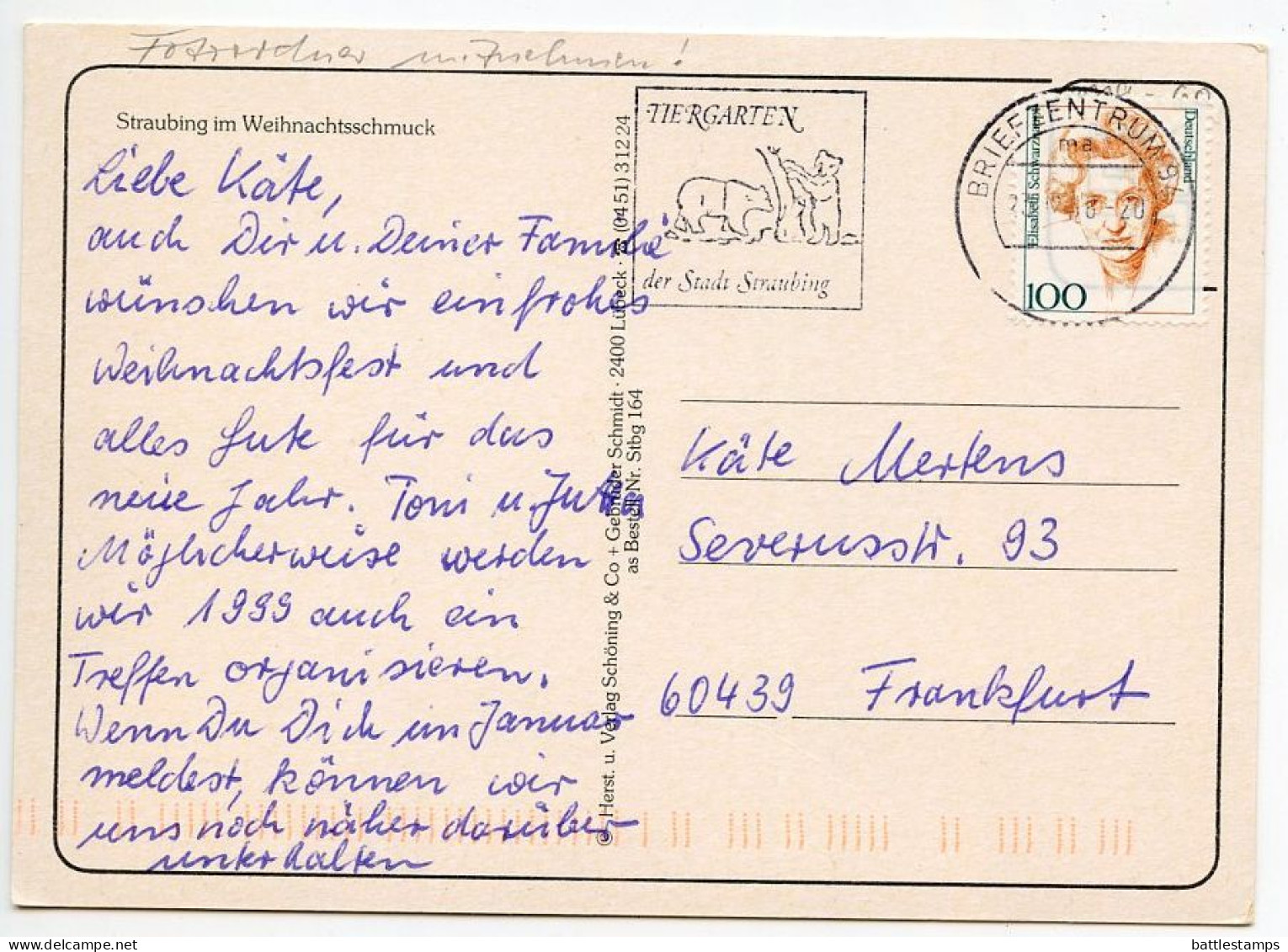 Germany 1998 Postcard Straubing Im Weihnachtsschmuck; Slogan Cancel; 100pf. Elisabeth Schwarzhaupt Stamp - Straubing