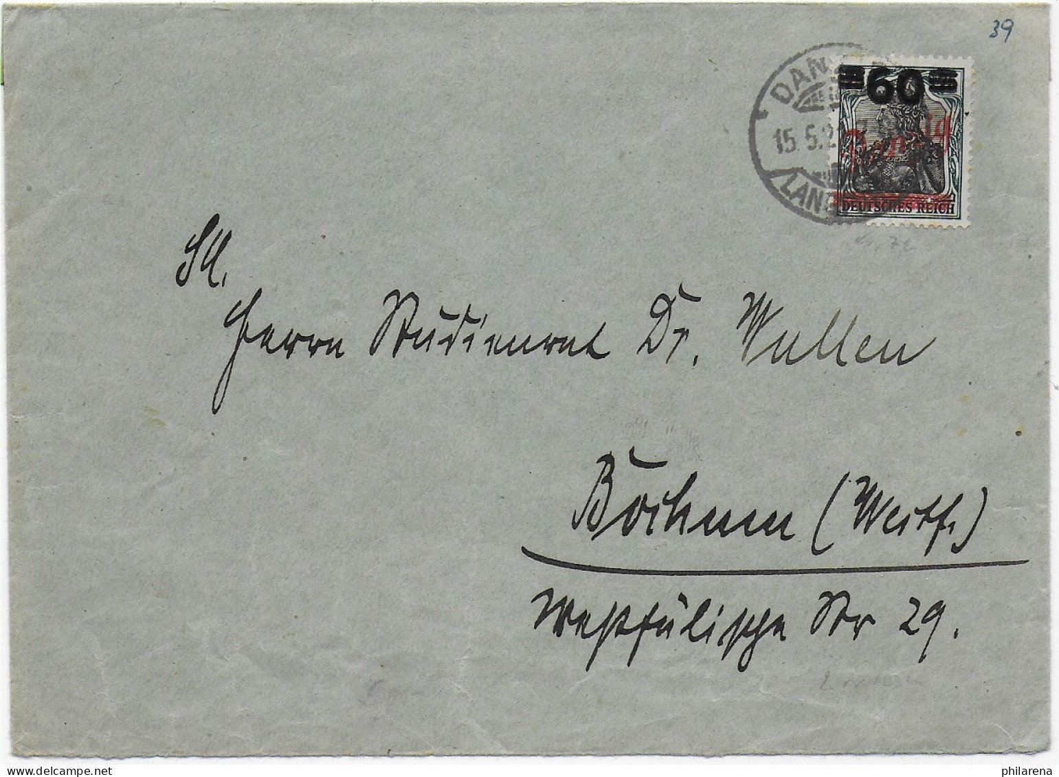 Brief Aus Danzig, 1921 Nach Bochum - Briefe U. Dokumente
