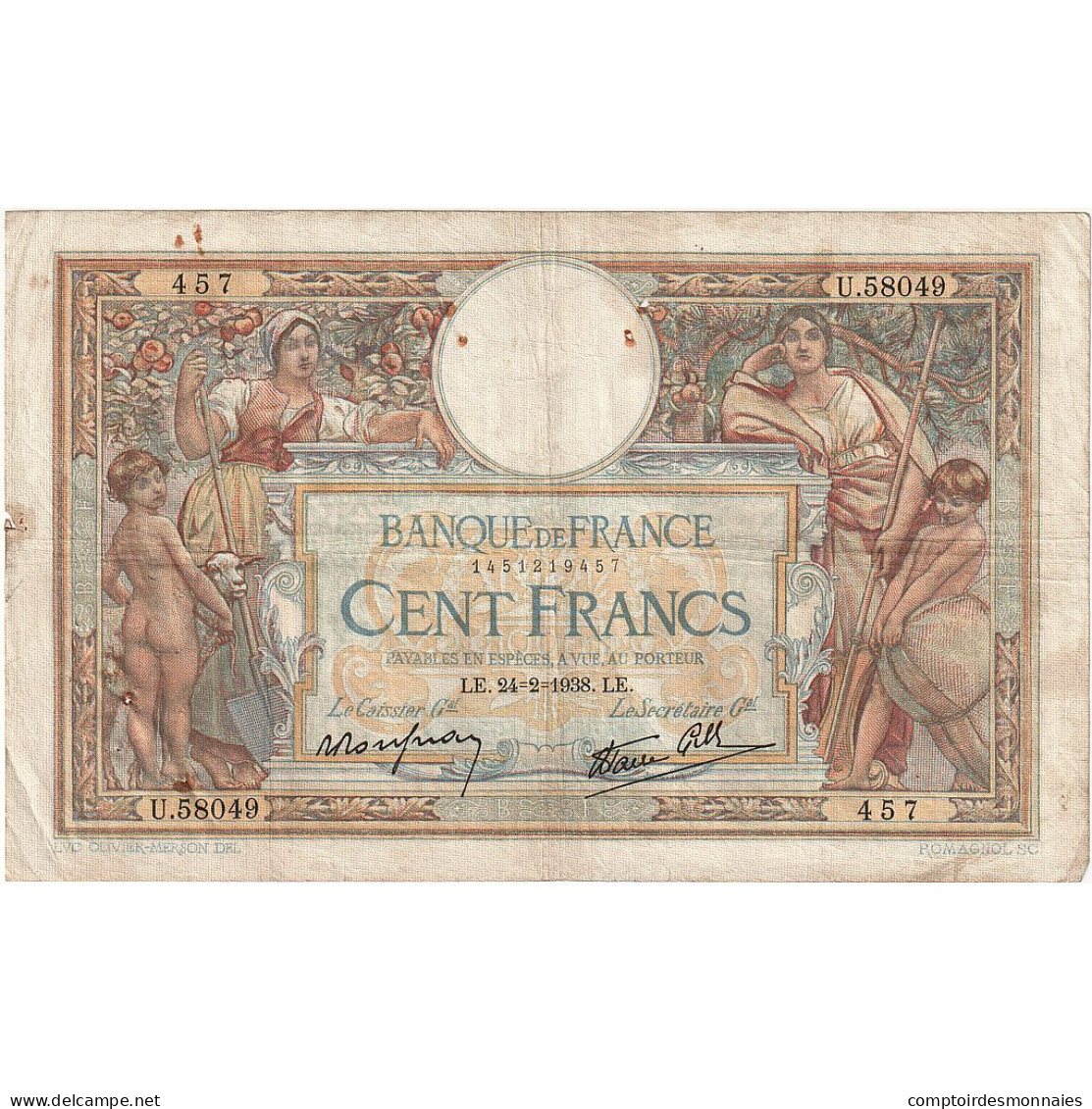 France, 100 Francs, Luc Olivier Merson, 1938, U.58049, TB, Fayette:25.12, KM:86b - 50 F 1927-1934 ''Luc Olivier Merson''