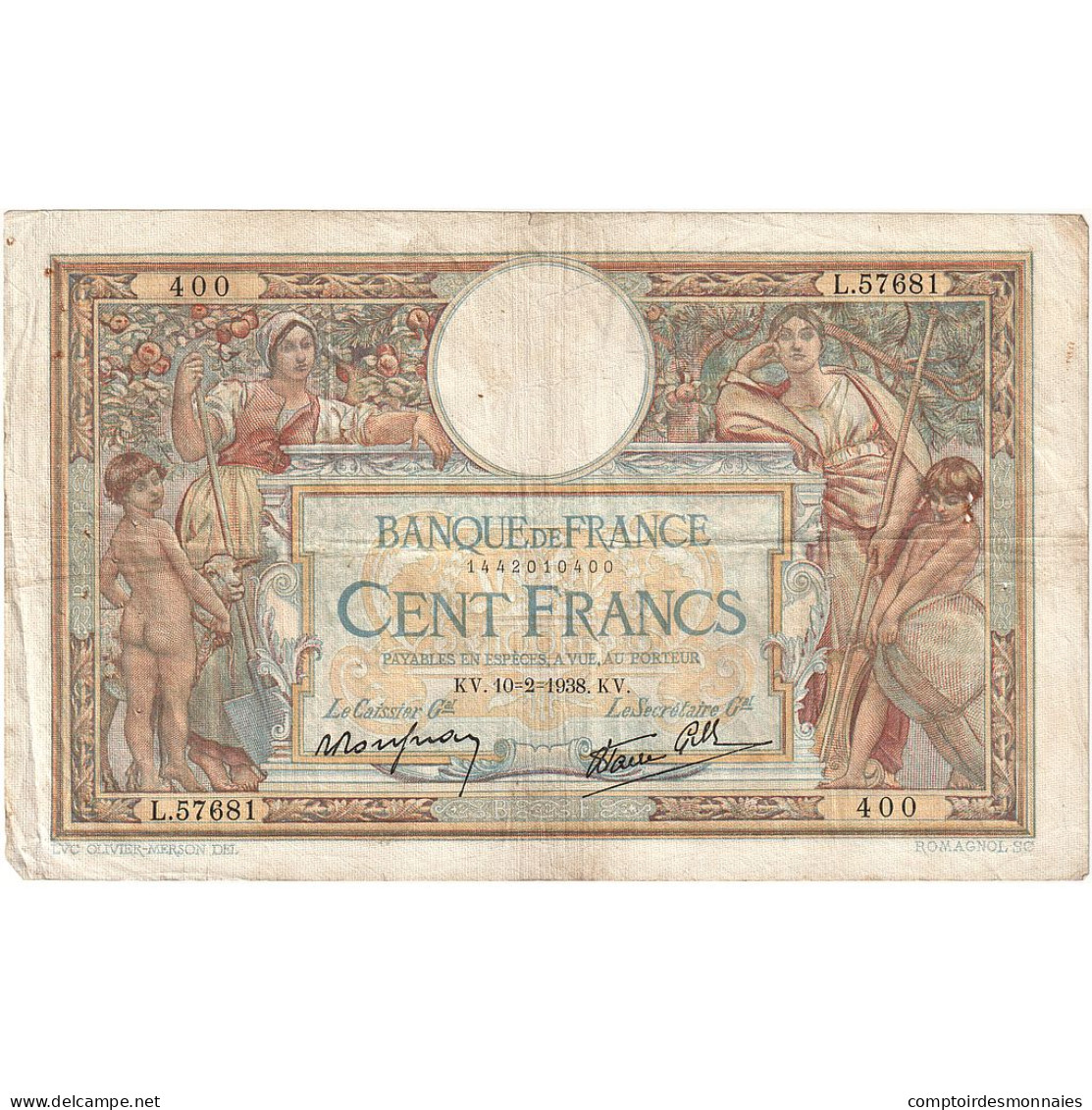 France, 100 Francs, Luc Olivier Merson, 1938, L.57681, TB, Fayette:25.29, KM:86b - 100 F 1908-1939 ''Luc Olivier Merson''