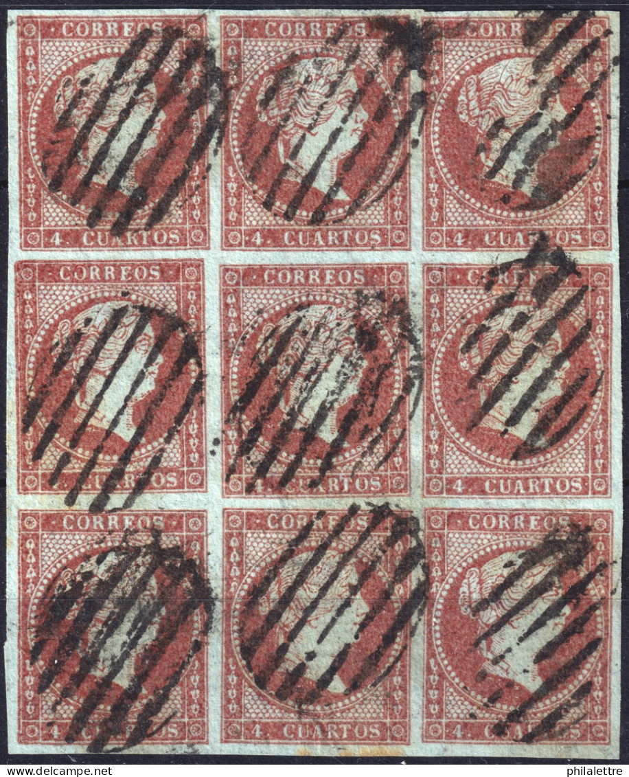 ESPAGNE - ESPAÑA - 1855 Ed.40 4cu Rojo - Bloque De 9 Usado Parilla Negra (fil. Lazos) - Usados