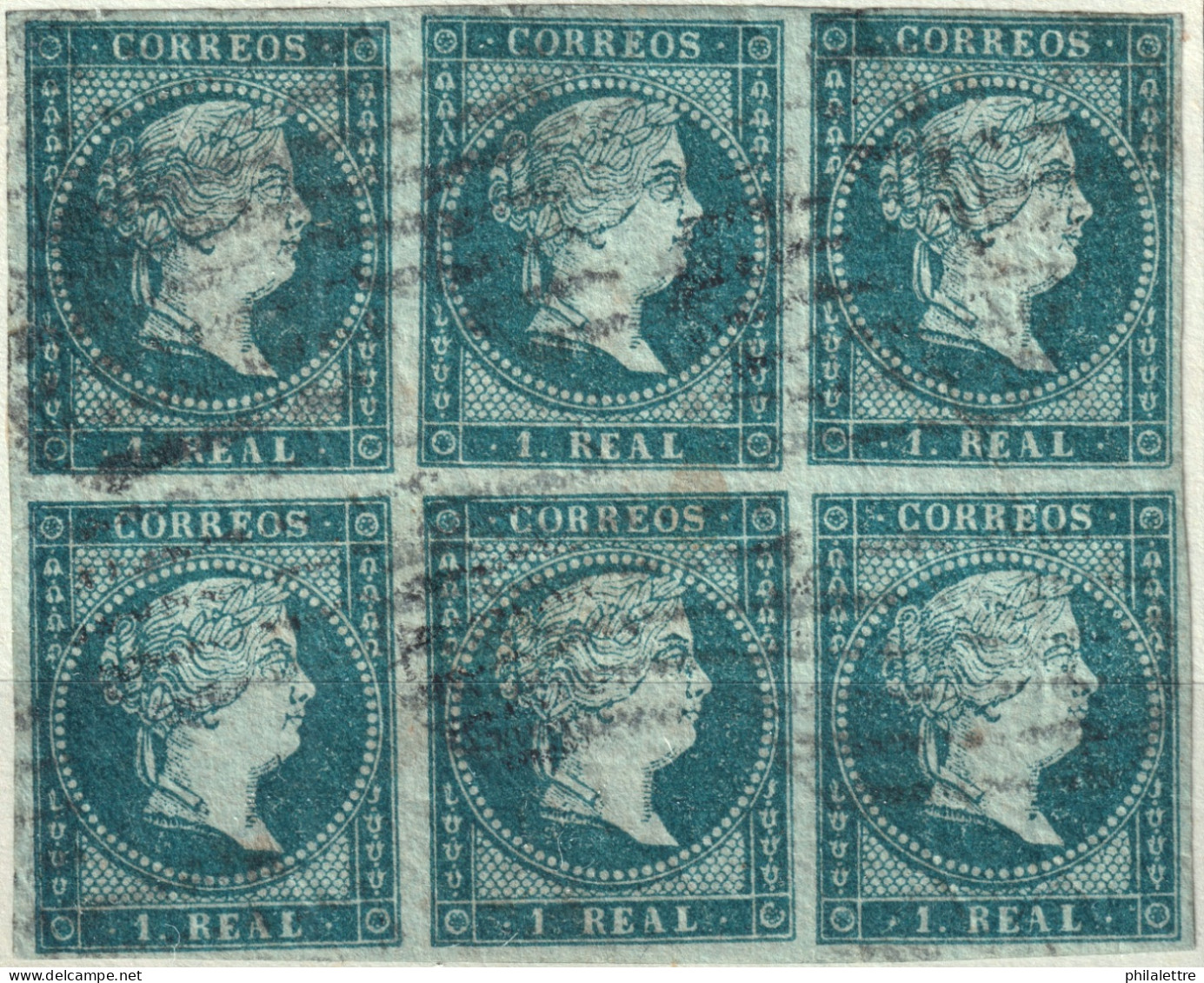 ESPAGNE - ESPAÑA - 1855 Ed.41 1R Azul Verdoso - Bloque De 6 Usado Parilla Negra - (fil. Lazos) - Oblitérés