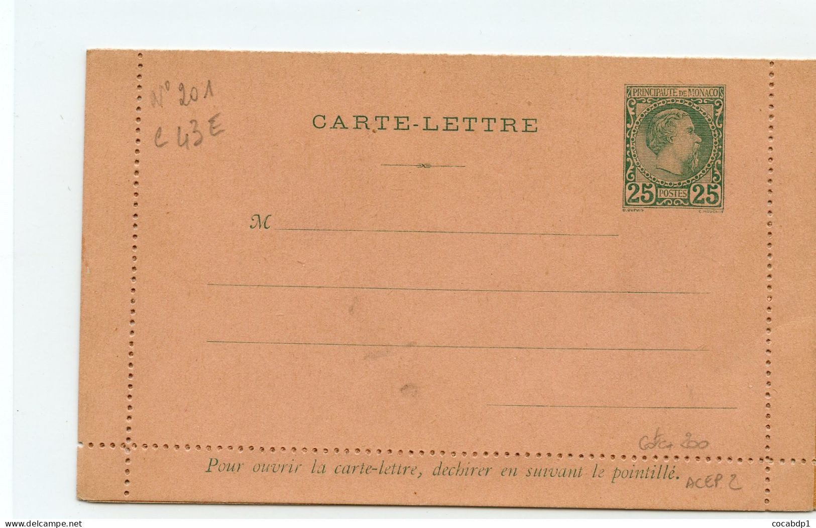 MONACO - ENTIER POSTAL CARTE LETTRE - NEUVE 25 CTS VERT - Postwaardestukken