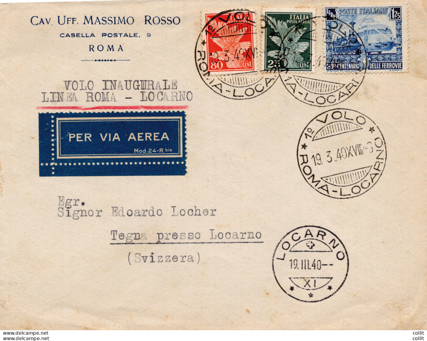 1940 Roma/Locarno Del 19.3.40 - Aerogramma Inoltrato Con I° Volo - Marcophilie (Avions)