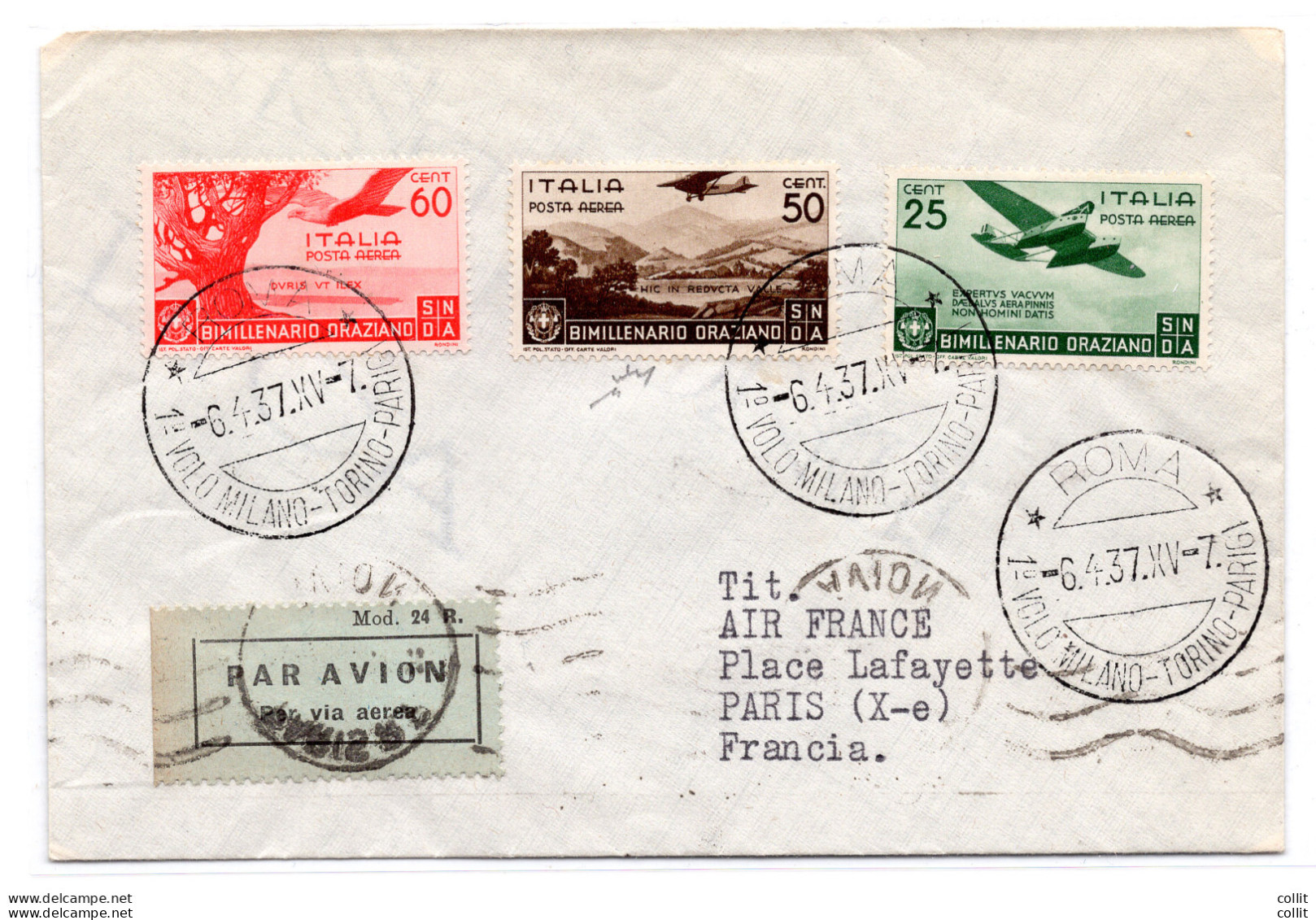 1937 Roma/Parigi Del 6.4.37 - Aerogramma Inoltrato Primo Volo A.L.I. - Poststempel (Flugzeuge)
