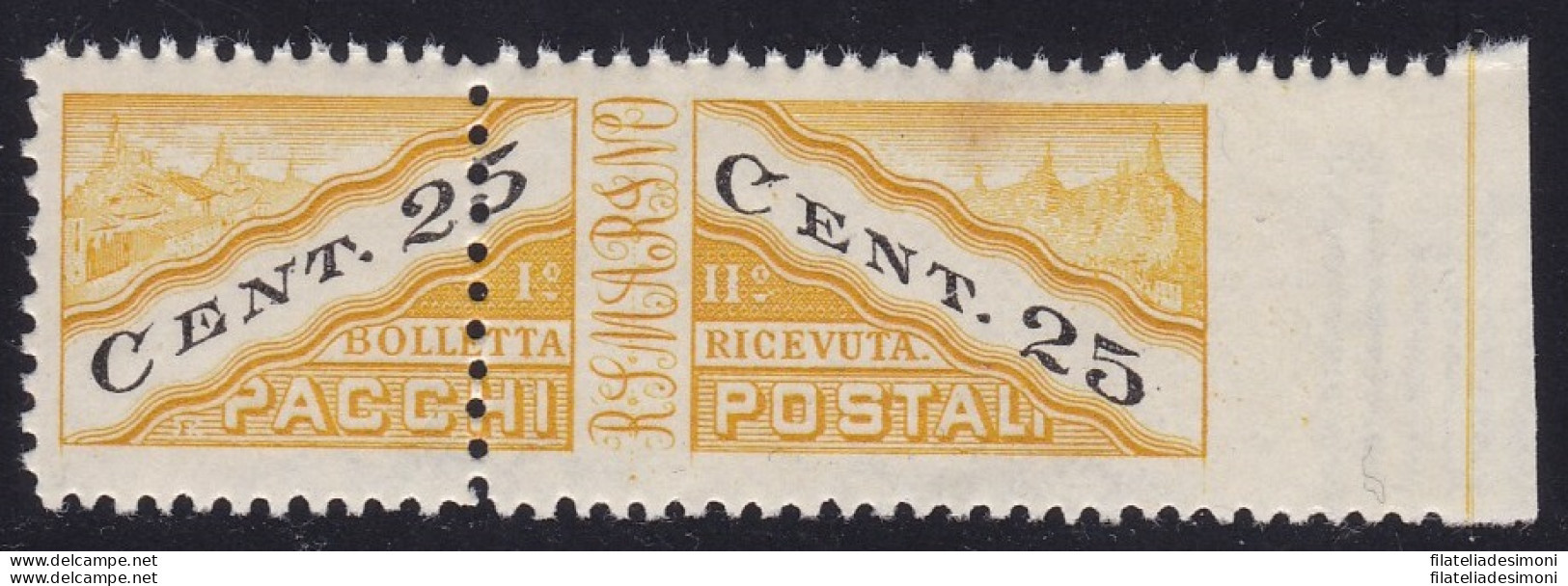 1946 SAN MARINO, Pacchi Postali N° 19/IIia  25c. Giallo E Nero  MNH/** - Variedades Y Curiosidades