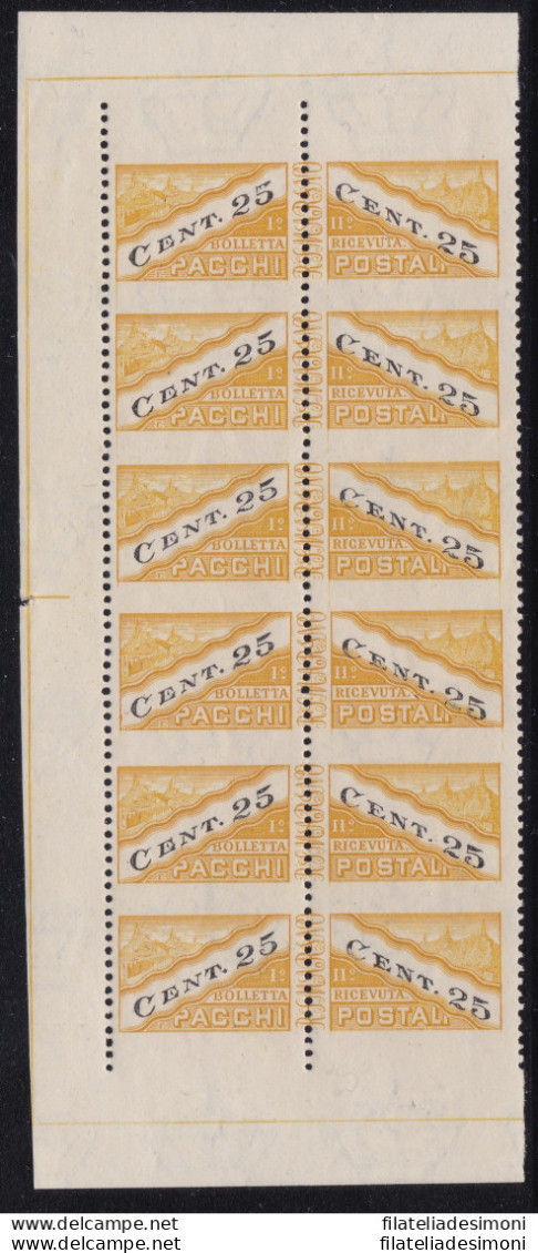 1946 SAN MARINO, Pacchi Postali N° 19/IIc  25c. Giallo E Nero  MNH/**  STRISCIA - Plaatfouten En Curiosa