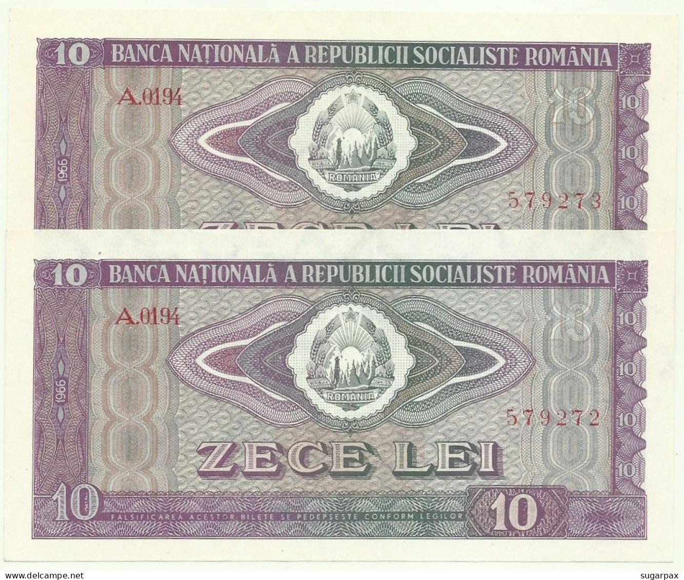 ROMANIA - 2 X 10 Lei Consecutive - 1966 - Pick 94 - AUnc - Série A. 0194 - Romania