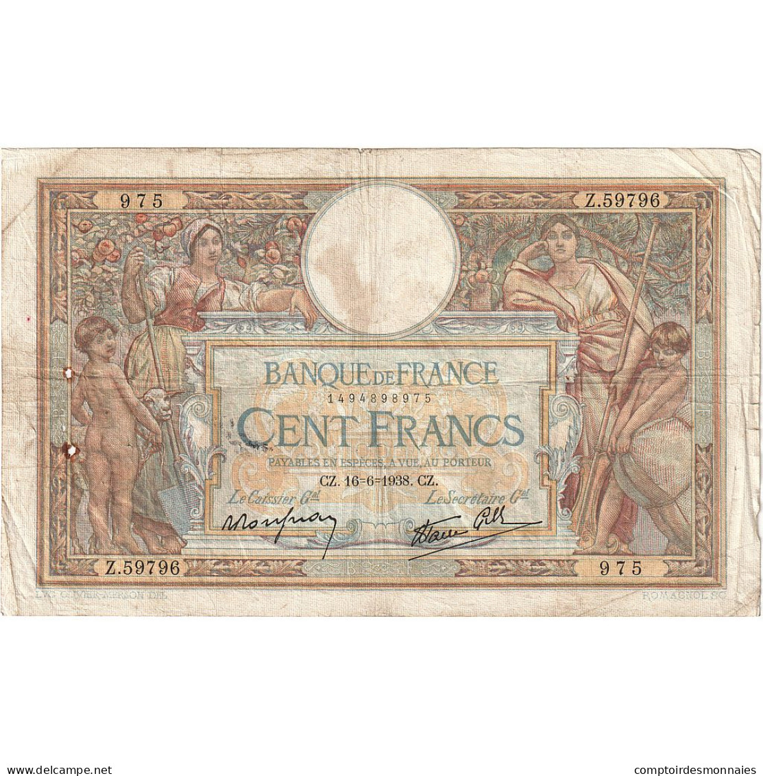 France, 100 Francs, Luc Olivier Merson, 1938, Z.59796, TB, Fayette:25.23, KM:86b - 100 F 1908-1939 ''Luc Olivier Merson''