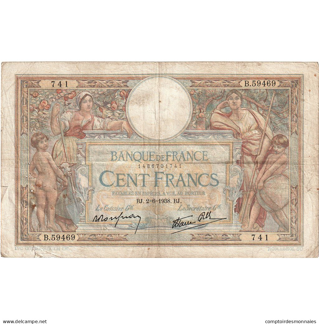 France, 100 Francs, Luc Olivier Merson, 1938, B.59469, TB, Fayette:25.21, KM:86b - 100 F 1908-1939 ''Luc Olivier Merson''