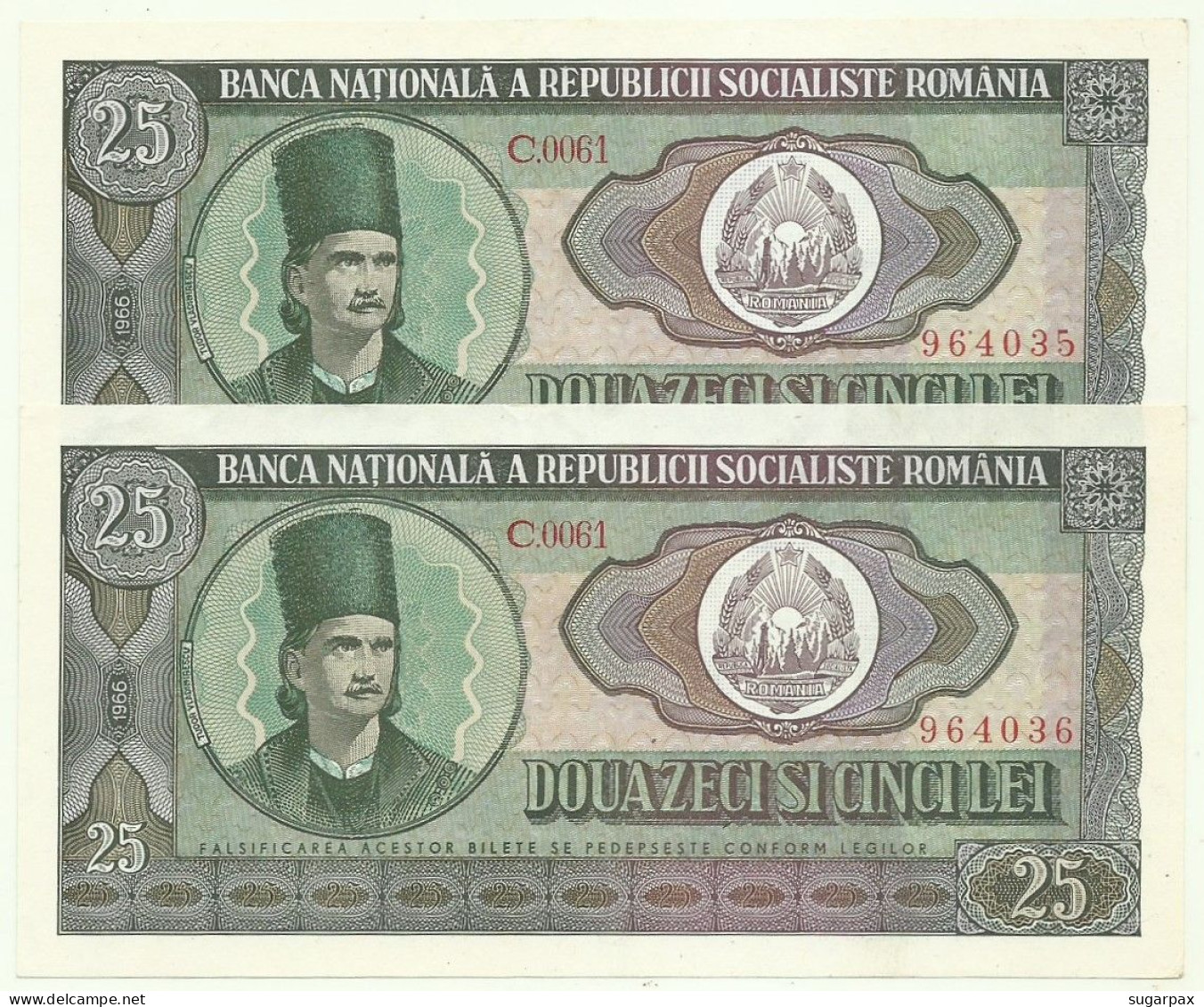 ROMANIA - 2 X 25 Lei Consecutive - 1966 - Pick 95 - AUnc. - Série C. 0061 - Roumanie