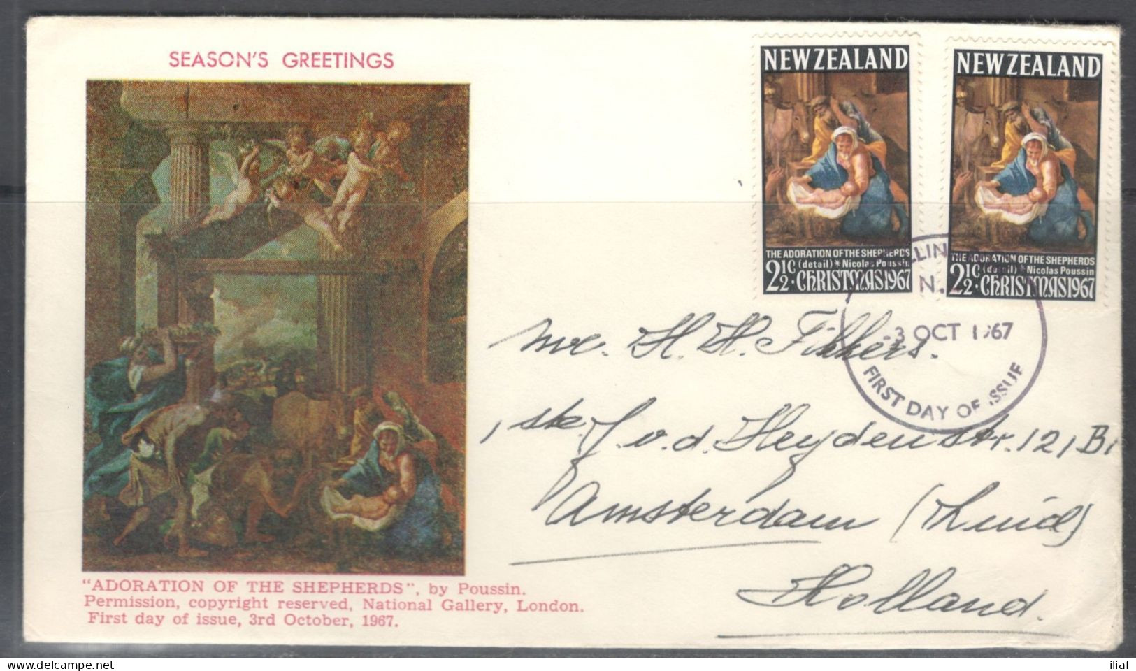 New Zealand. FDC Sc.405. Adoration Of The Shepherds (detail), By Nicolas Poussin FDC Cancellation On Cachet FDC Envelope - FDC