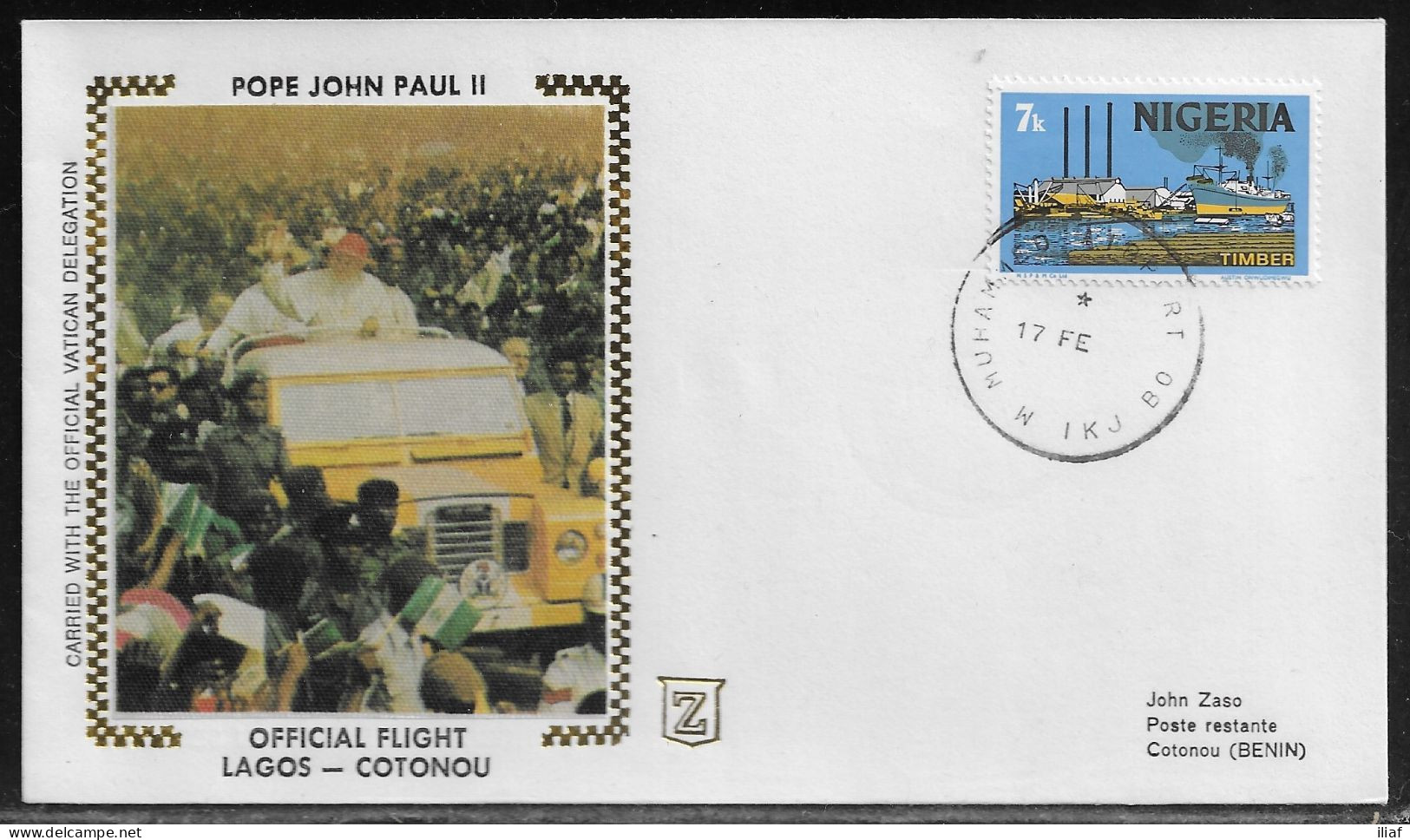 Nigeria. Pastoral Visit Of Pope John Paul II To Lagos Nigeria. Official Flight Lagos - Cotonou (Benin) Special Cancellat - Nigeria (1961-...)