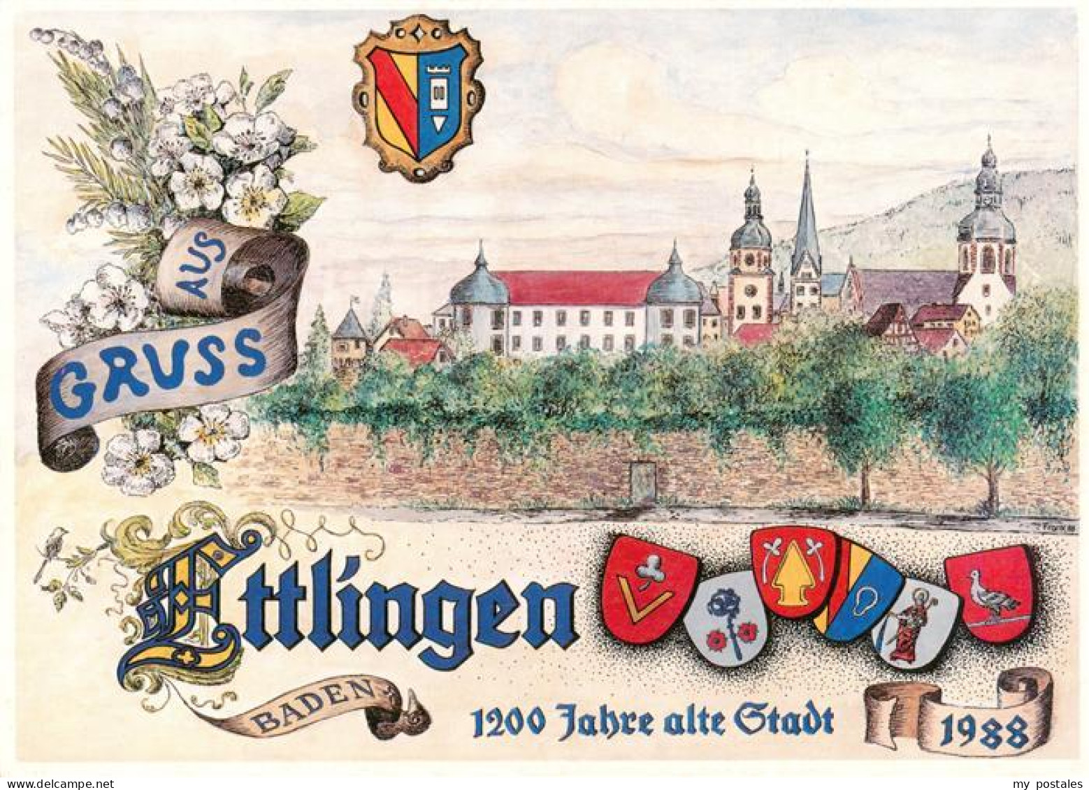 73923242 Ettlingen 1200 Jahre Alte Stadt Schloss Wappen Blumen Kuenstlerkarte So - Ettlingen