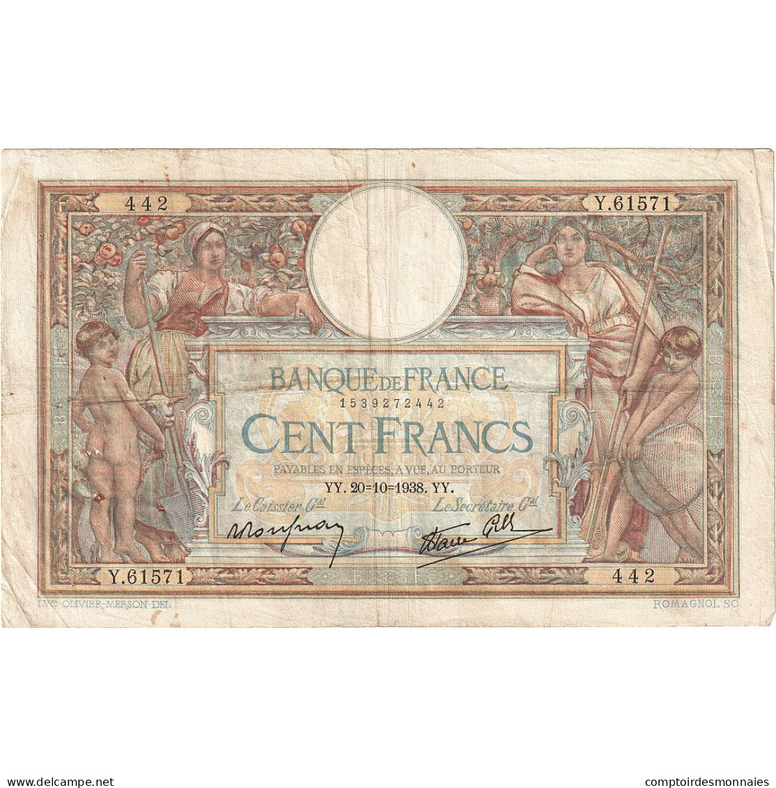 France, 100 Francs, Luc Olivier Merson, 1938, Y.61571, TB+, Fayette:25.32 - 100 F 1908-1939 ''Luc Olivier Merson''