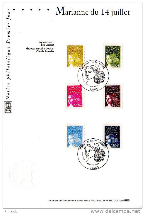 (Faciale = 5.94 €).  " MARIANNE DU 14 JUILLET " Sur Notice Officielle 1er Jour De 2003. N° YT 3570 à 3575. FDC à Saisir - 1997-2004 Marianna Del 14 Luglio