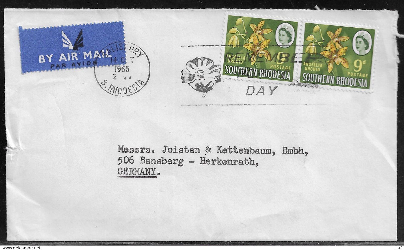 Southern Rhodesia. Stamp Sc. 101 On Air Mail Letter, Sent From   Salisbury, Southern Rhodesia At 14.10.1965 To Germany. - Southern Rhodesia (...-1964)