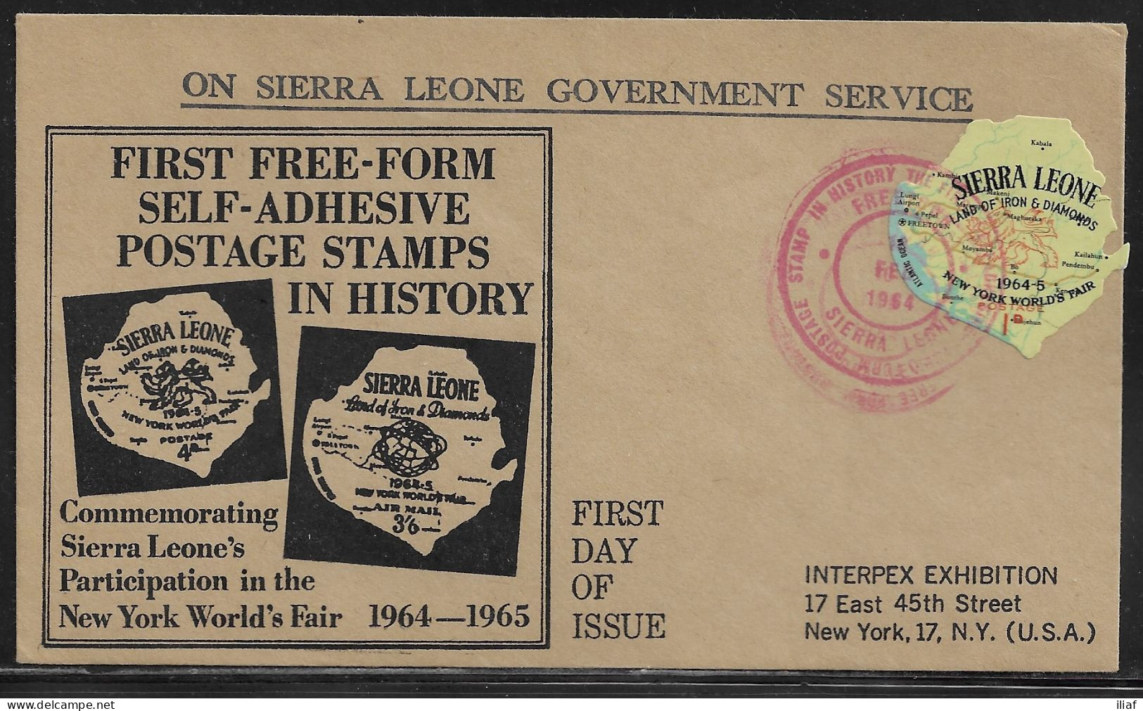 Sierra Leone. FDC Sc. 257.   Maps. World's Fair, New York - Self-Adhesive.  FDC Cancellation On Cachet FDC Envelope - Sierra Leone (1961-...)