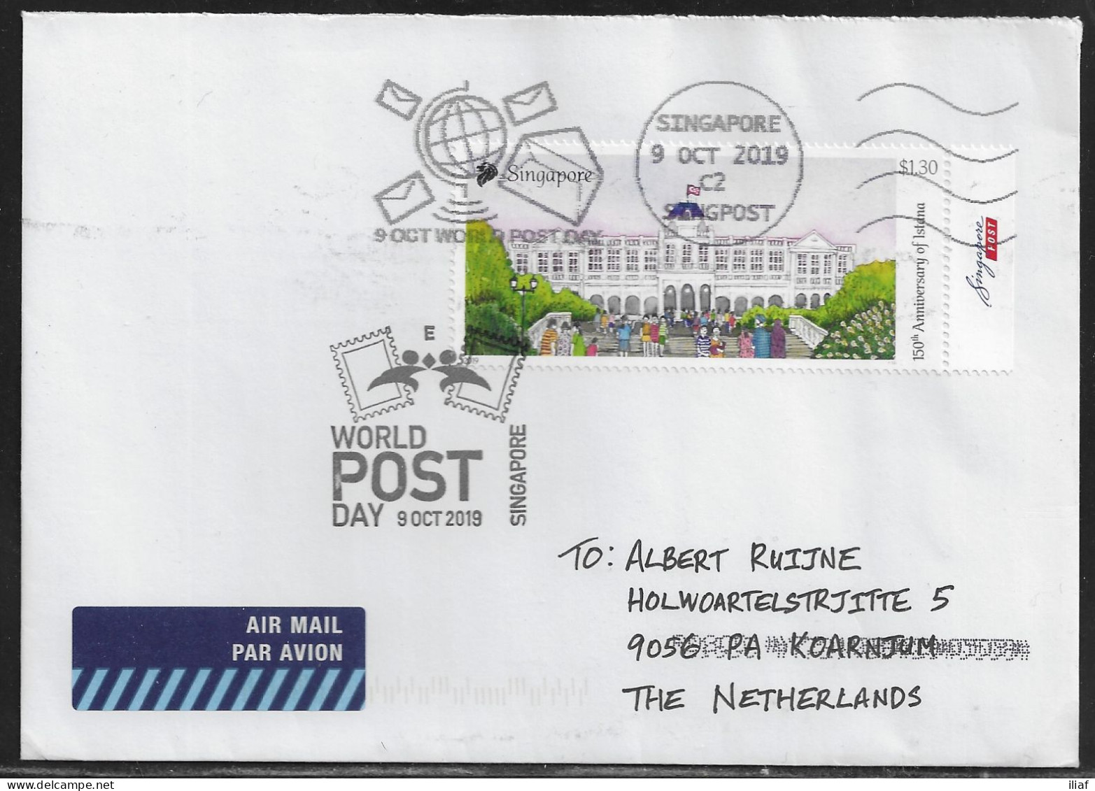 Singapore. World Post Day. Air Mail Letter, Sent From Singapore At 9.10.2019 To Netherland - Singapore (1959-...)