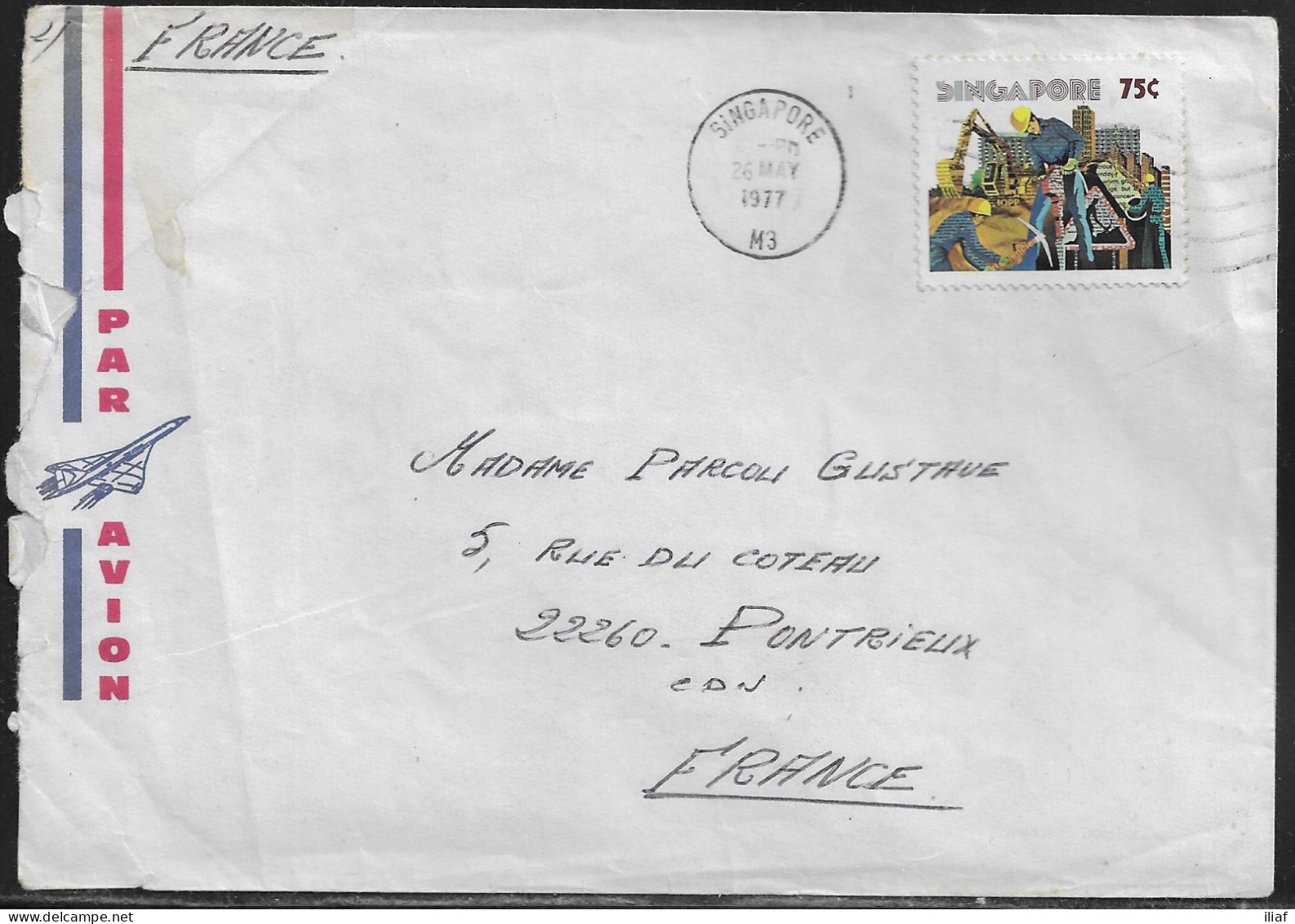 Singapore. Stamp Sc. 278 On Air Mail Letter, Sent From Singapore At 26.05.1977 To France. - Singapore (1959-...)