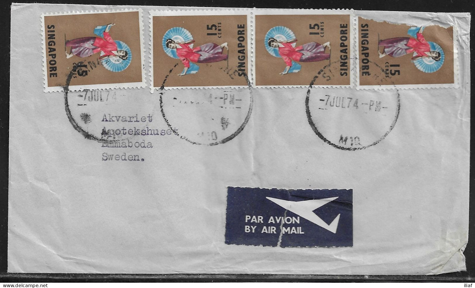 Singapore. Stamp Sc. 89 On Air Mail Letter, Sent From Singapore At 7.07.1974 To Sweden. - Singapore (1959-...)