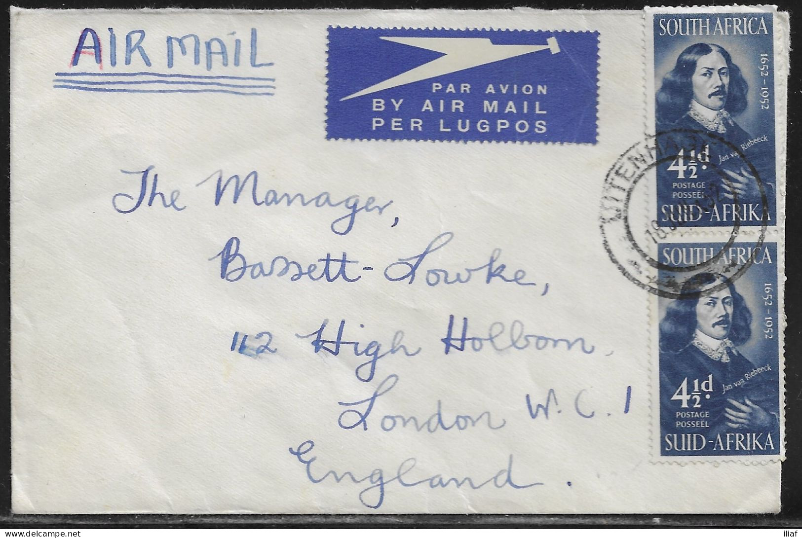 South Africa. Airmail Letter With Stamp Sc. 118, Sent From Uitenhage At 18.06.1952 To England. - Briefe U. Dokumente