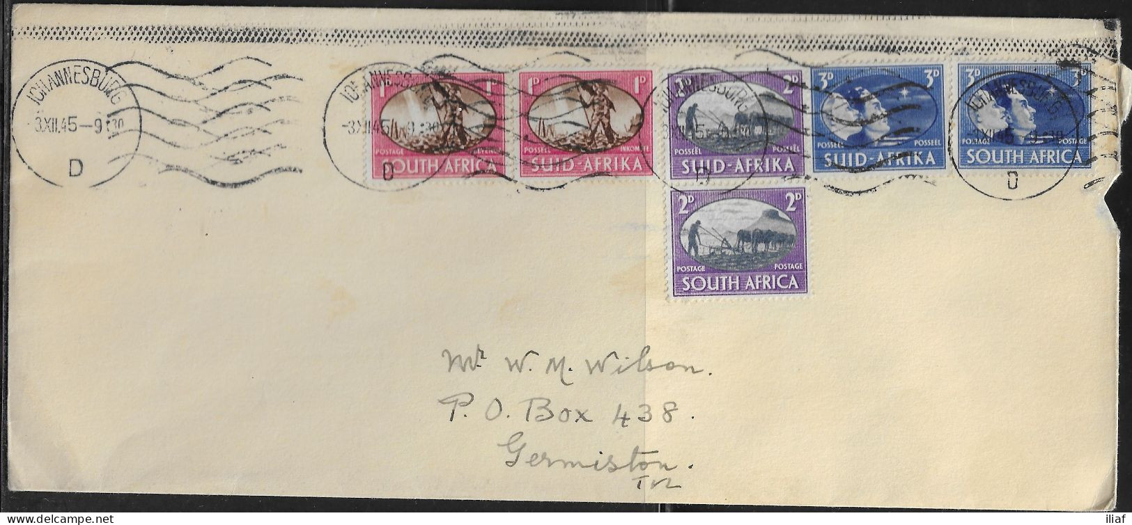 South Africa. Stamps Sc. 100-102 On Commercial Letter, Sent From Johannesburg At 3.12.1945 To Germiston. - Briefe U. Dokumente