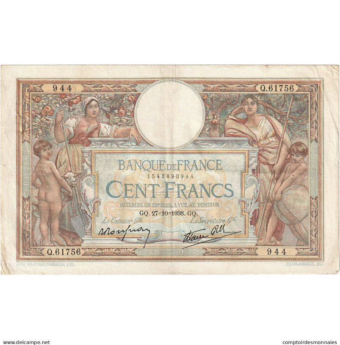 France, 100 Francs, Luc Olivier Merson, 1938, Q.61756, TB+, Fayette:25.33 - 100 F 1908-1939 ''Luc Olivier Merson''