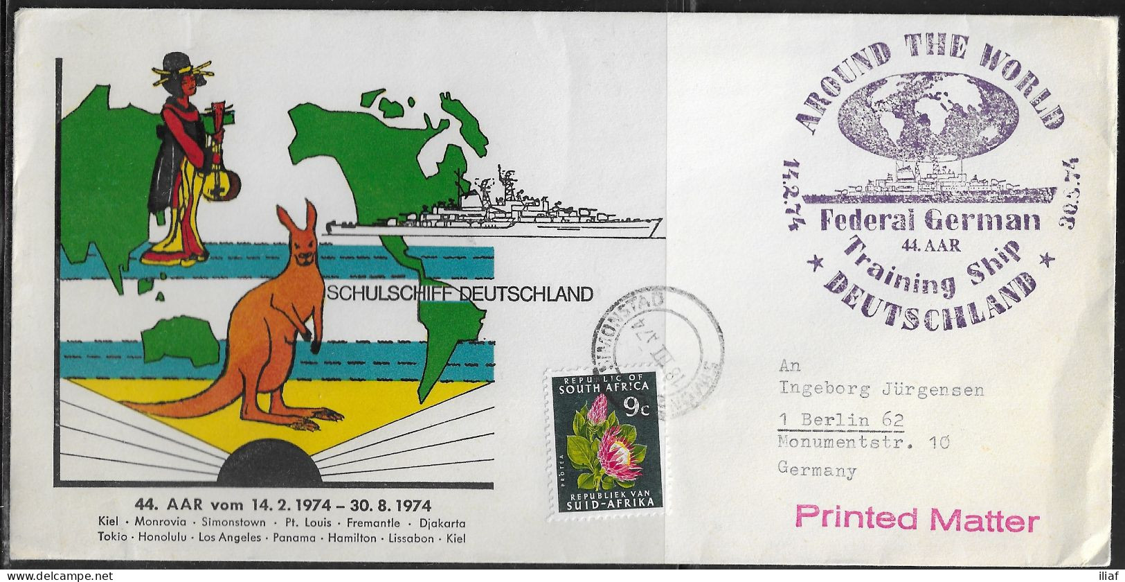 South Africa. Federal German Training Ship “Deutschland” - Around The World 14.02.1974-30.08.1974. Special Cancellation - Covers & Documents