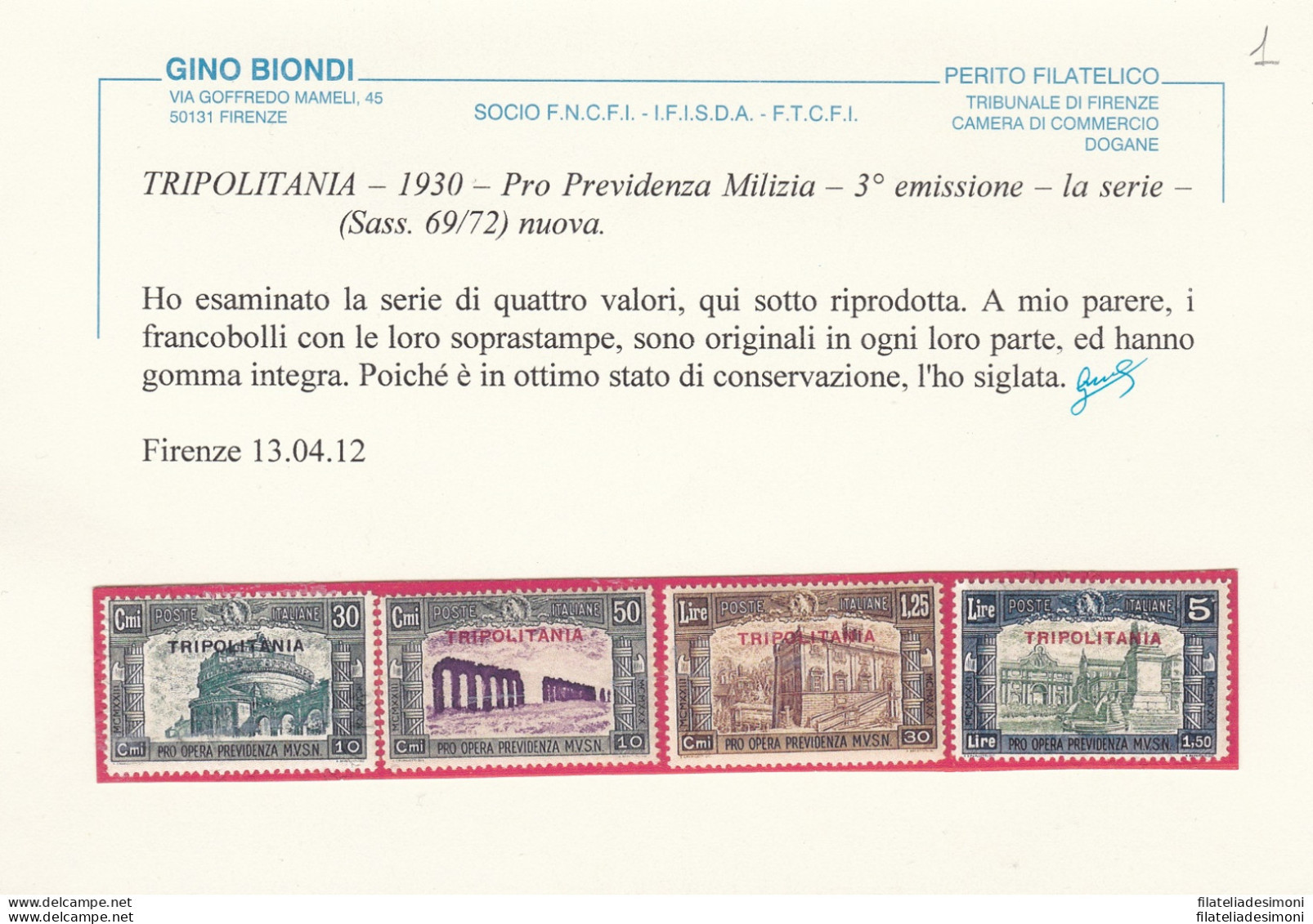 1930 TRIPOLITANIA, N° 69/72 Milizia III  MNH/** Certificato Biondi - Tripolitaine
