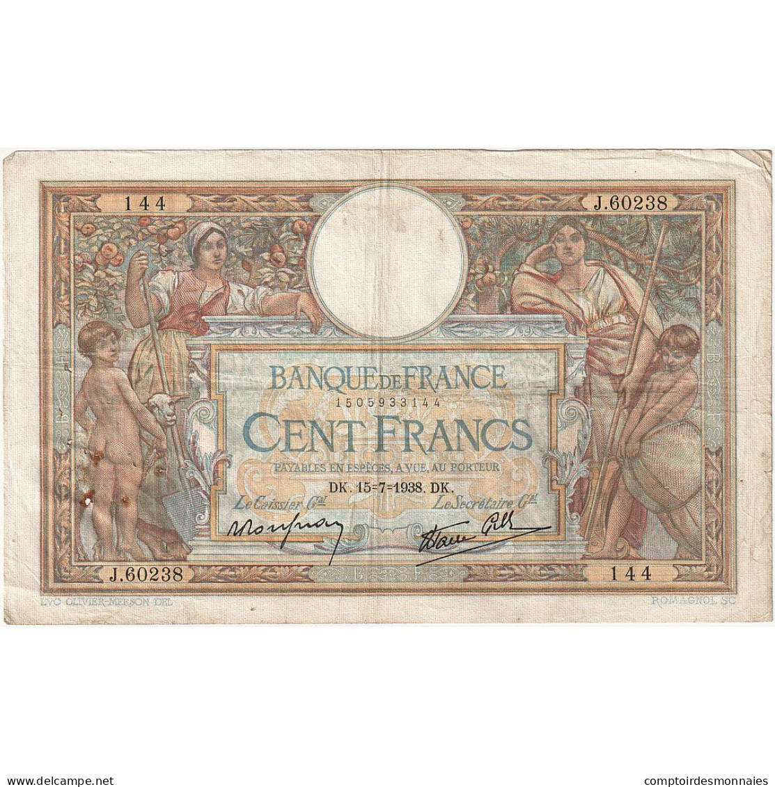 France, 100 Francs, Luc Olivier Merson, 1938, J.60238, TB, Fayette:25.26, KM:86b - 100 F 1908-1939 ''Luc Olivier Merson''