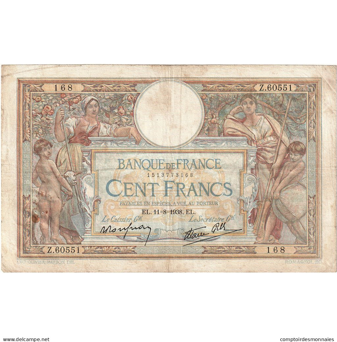 France, 100 Francs, Luc Olivier Merson, 1938, Z.60551, TB, Fayette:25.28, KM:86b - 100 F 1908-1939 ''Luc Olivier Merson''