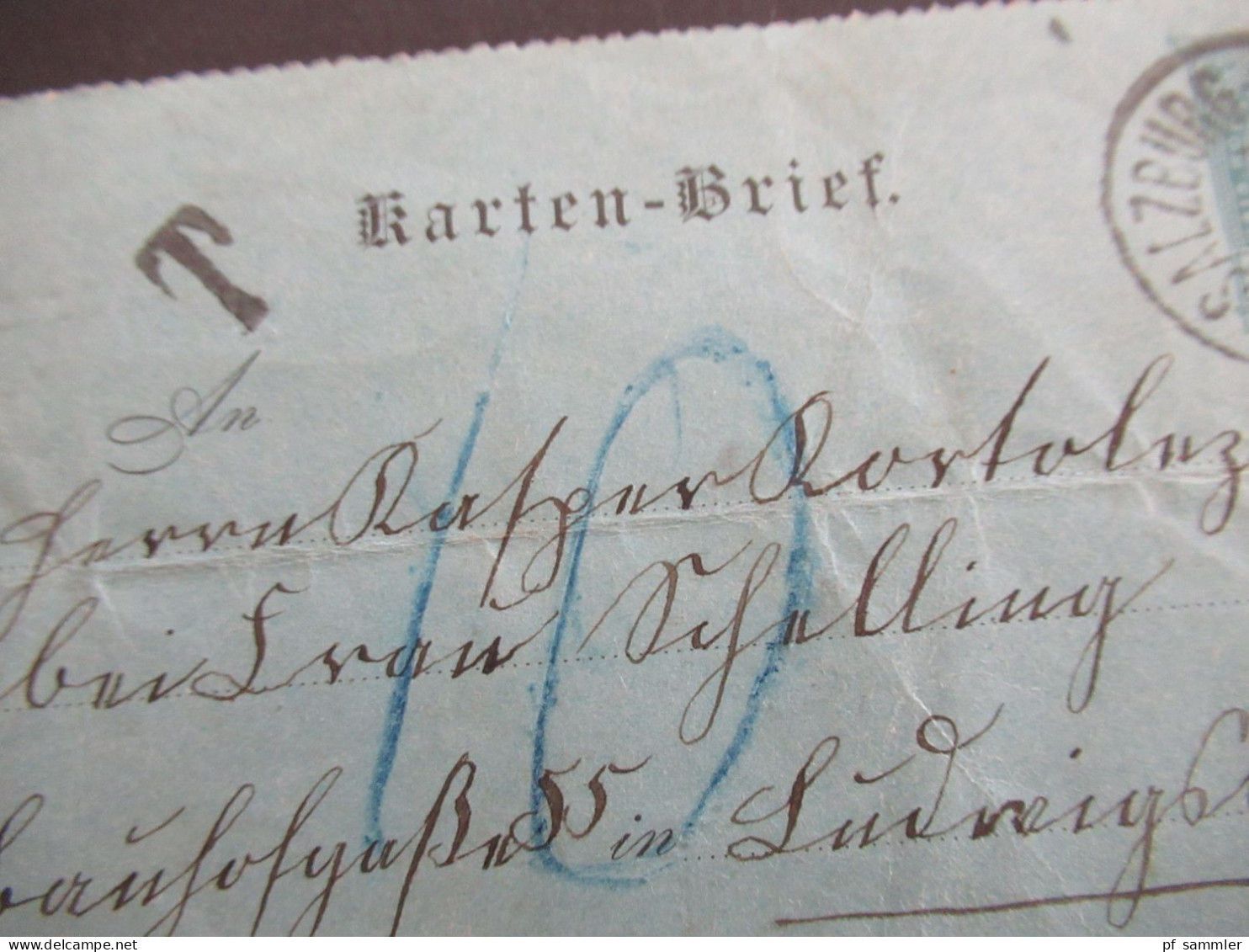 Österreich 1893 Kartenbrief Stempel Salzburg Stadt - Ludwigsburg Ank. Stempel K1 Ludwigsburg Und T-Stempel / Nachporto - Carte-Lettere